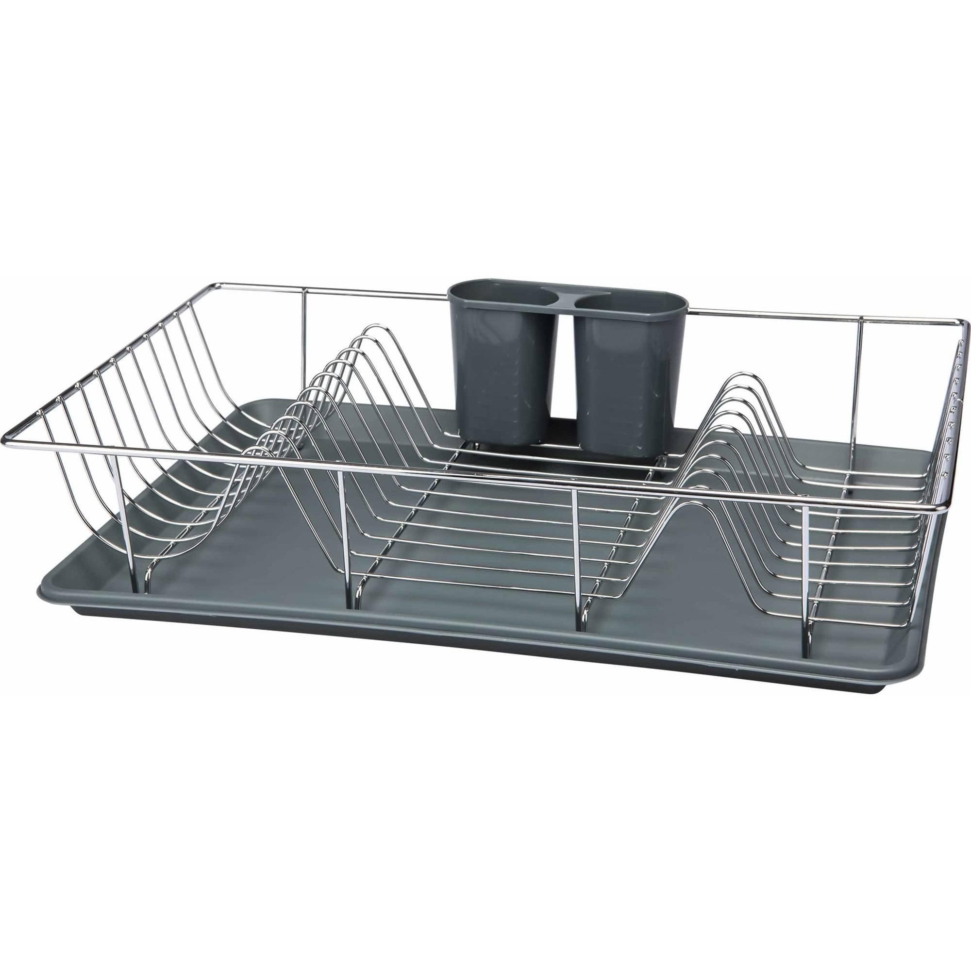 Gray Chrome Dish Rack with Tray and Utensil Holder