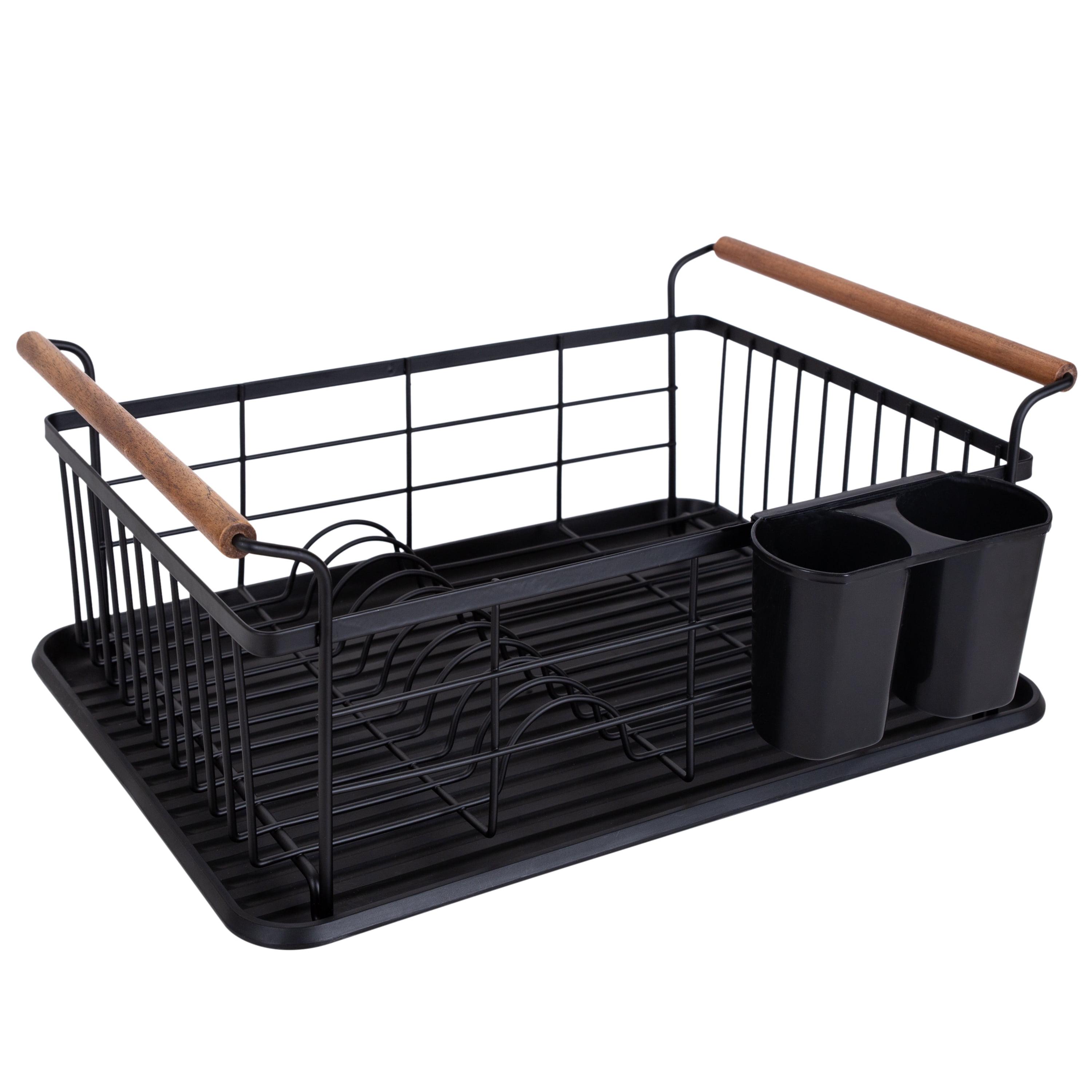 Acacia Wood and Black Metal Dish Drying Rack with Utensil Cup