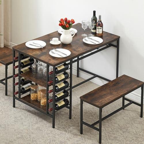 Rustic Brown Rectangular Dining Table Set with Benches and Wine Rack