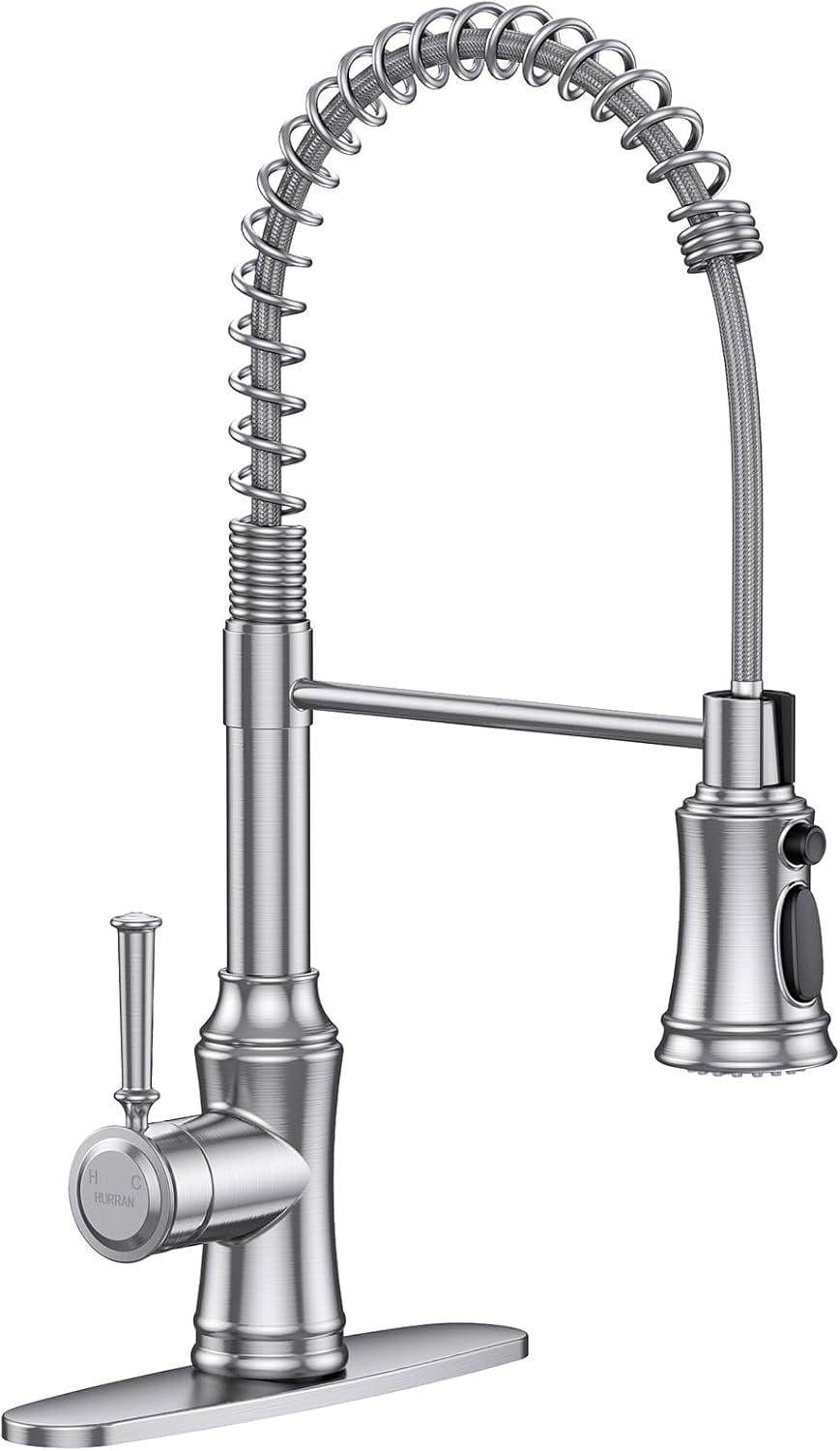 Kitchen Faucet with Pull Down Sprayer, Commercial Stainless Steel Kithcen Faucets, Single Handle Spring Faucets for Kitchen Sink, Sink Faucet for Farmhouse Wet Bar