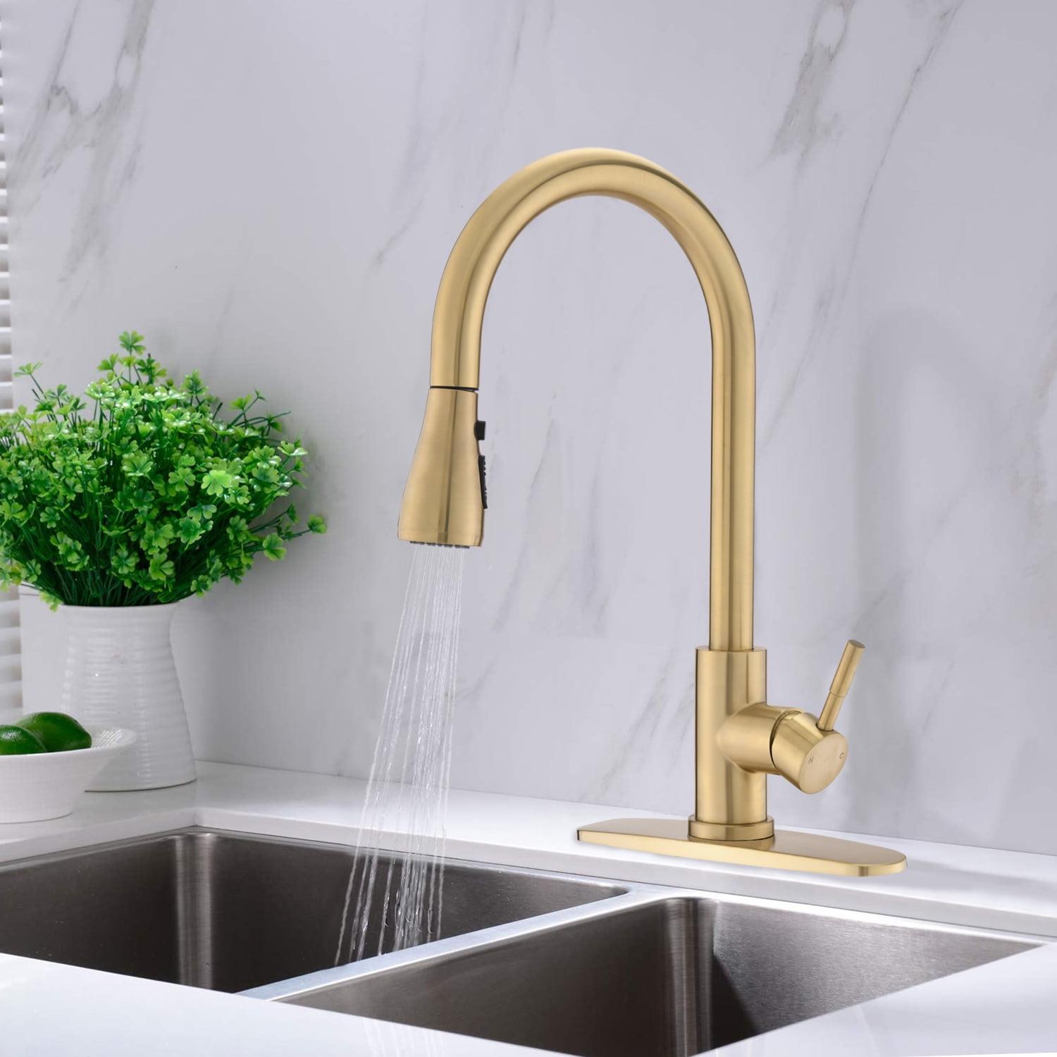 Kitchen Faucet with Sprayer, Kitchen Sink Faucet, SUS 304 Stainless Steel, High Arc Single Handle Kitchen Faucets with Pull Down Sprayer, Pull Out Kitchen Faucet with Deck Plate, Brushed Gold