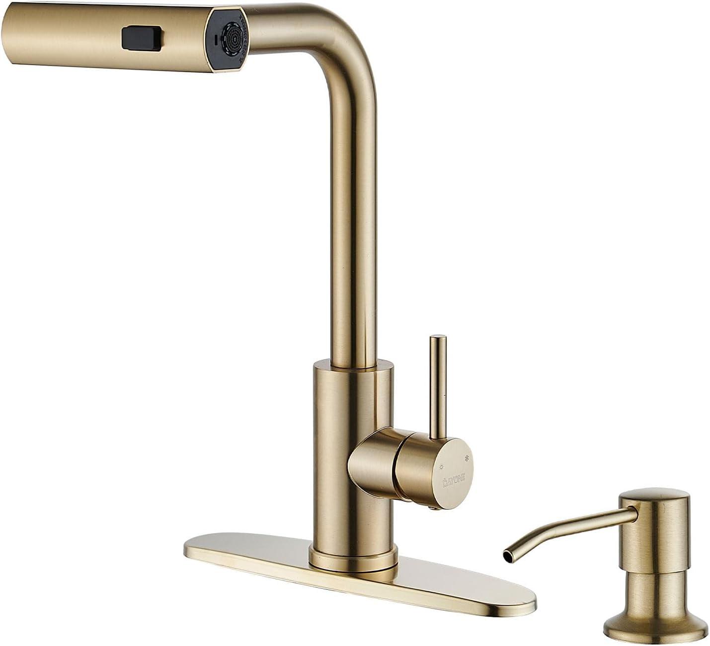 Brushed Gold Stainless Steel High-Arc Kitchen Faucet with Pull-Out Spray