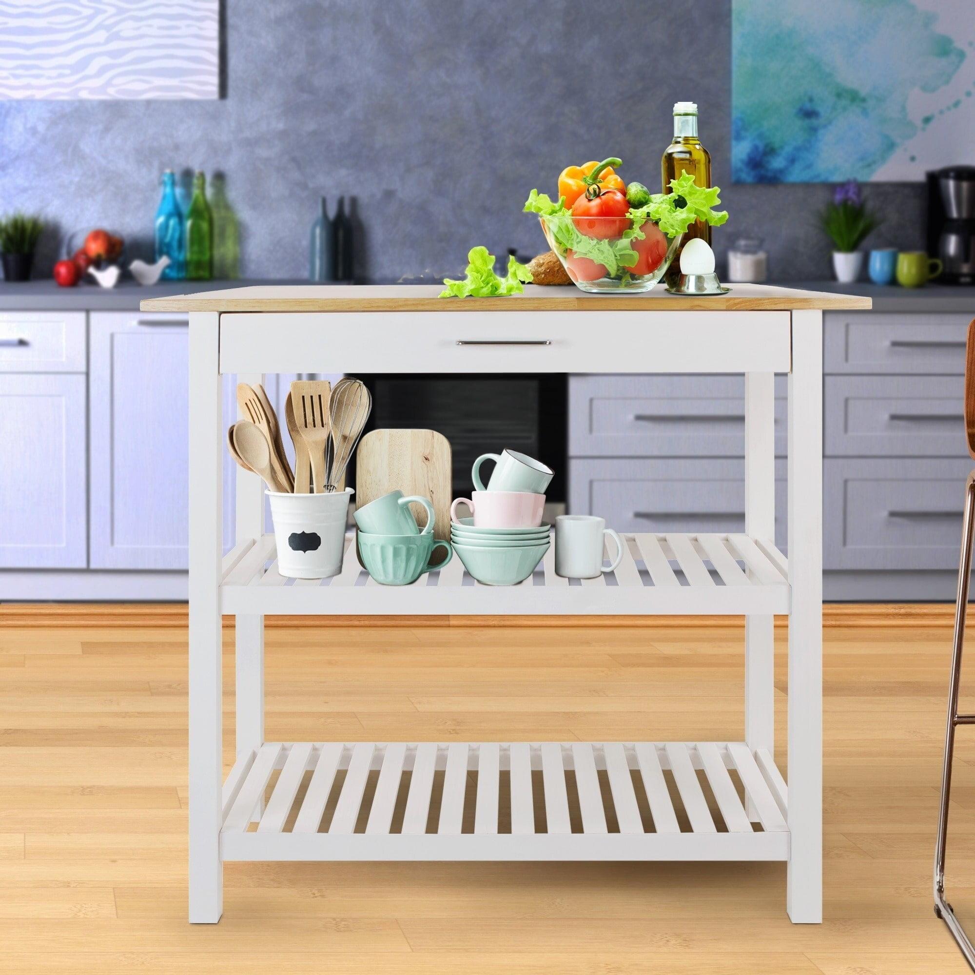 Casual Home Kitchen Island Bar Station with Hardwood Counter and Storage, White