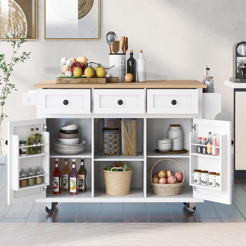 White Wood Kitchen Island Cart with Drop-Leaf Tabletop and Locking Wheels