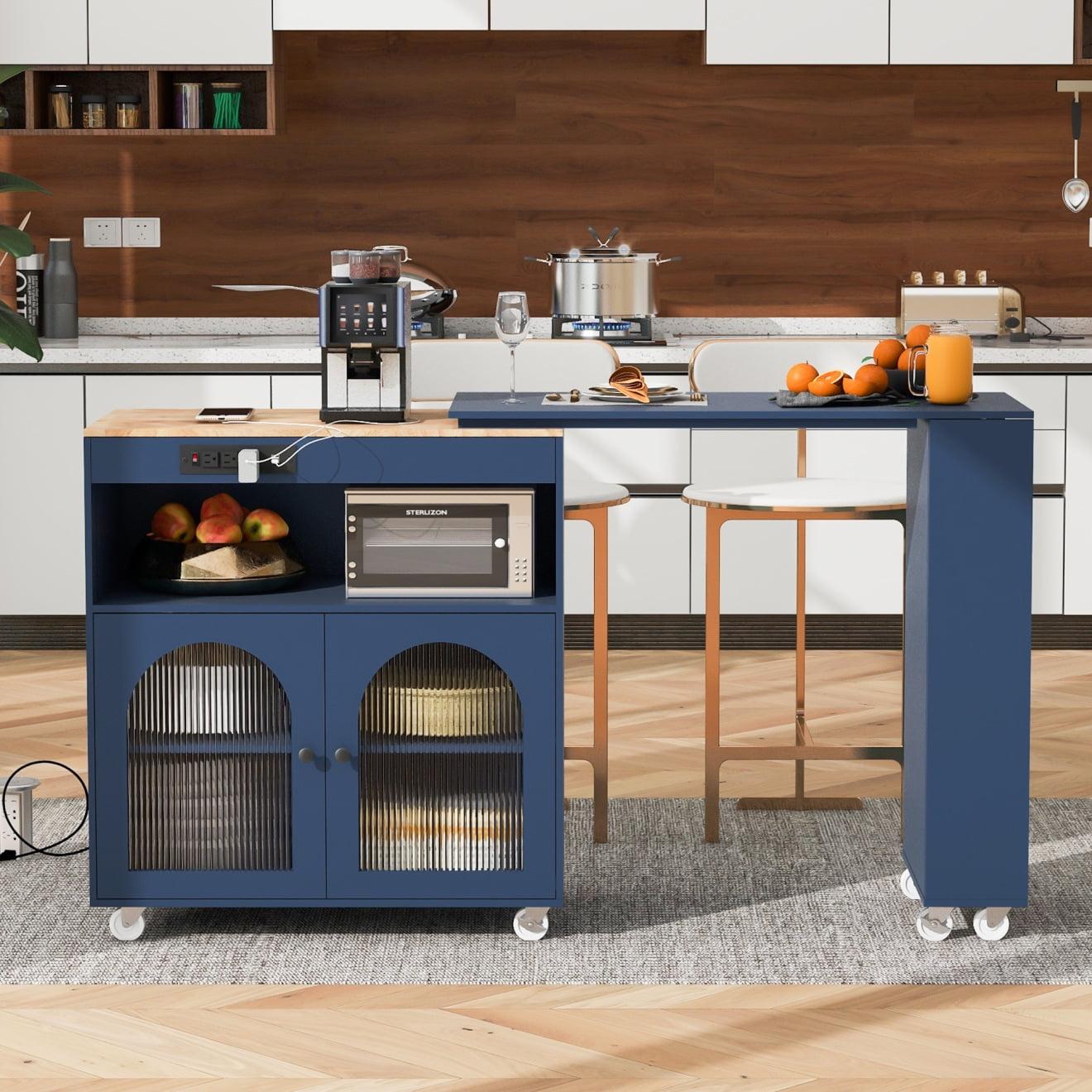 Kitchen Island Cart with Extended Table, Rolling Kitchen Island with LED Lights, Power Outlets and 2 Fluted Glass Doors, Side Table on Wheels with Storage Cabinet and 3 Open Shelves, Navy Blue