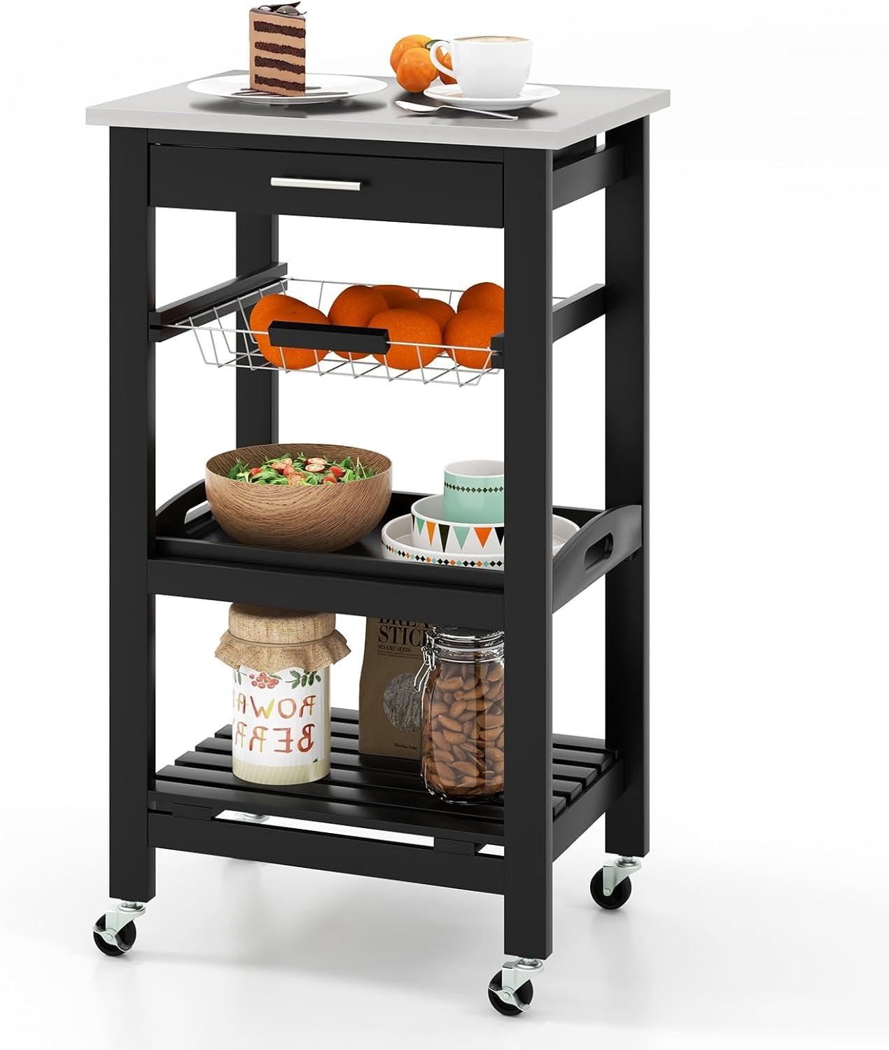 Black Stainless Steel Kitchen Cart with Storage and Tray