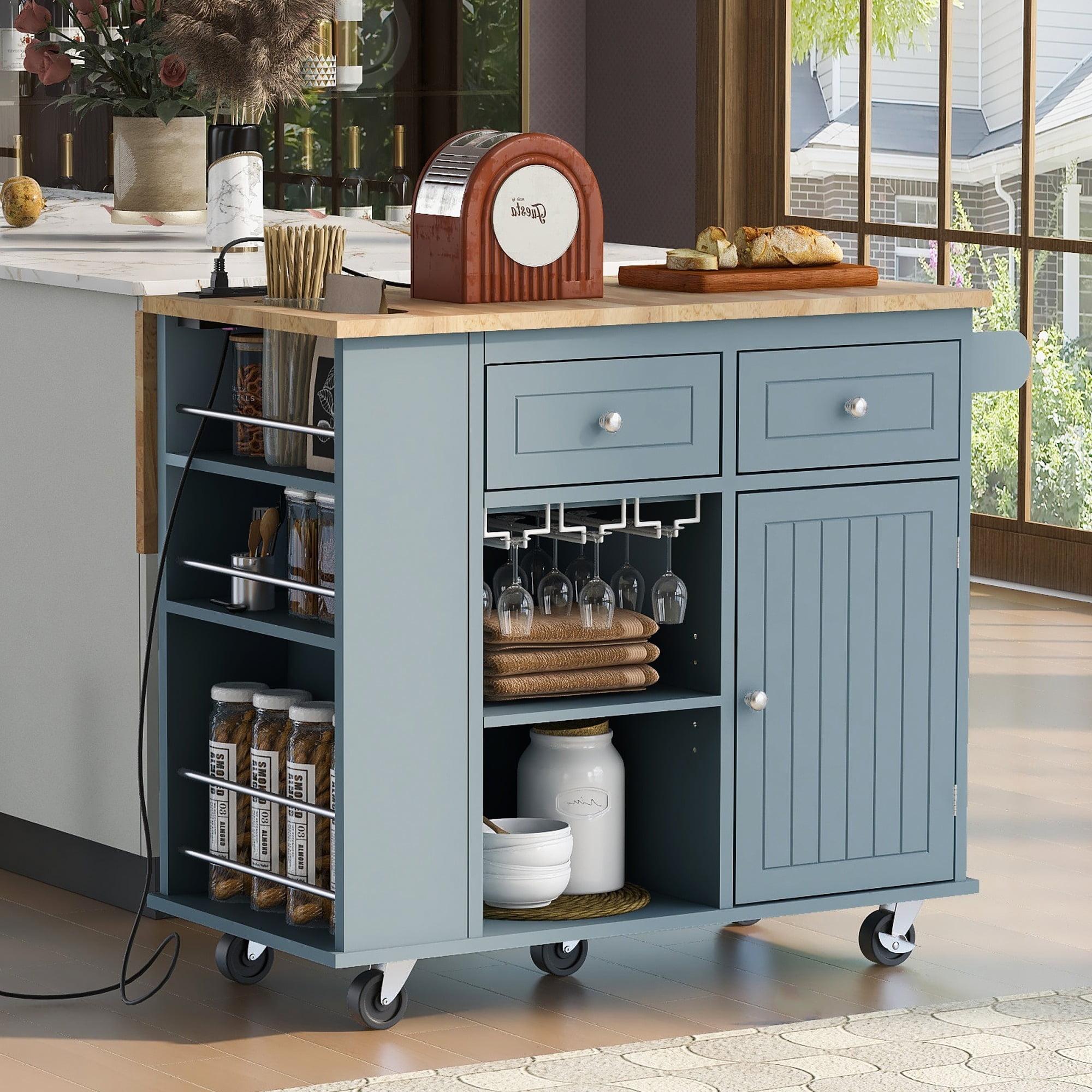 Kitchen Island with Power Outlet, Wood Rolling Kitchen Islands Cart with Drop Leaf and Adjustable Storage, Mobile Kitchen Table with Open Storage and Wine Rack for Home Dining Room, Blue