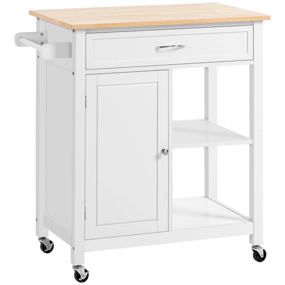 Kitchen Island Cart, Rolling Kitchen Island With Storage, Solid Wood Top, Drawer, For Dining Room, White