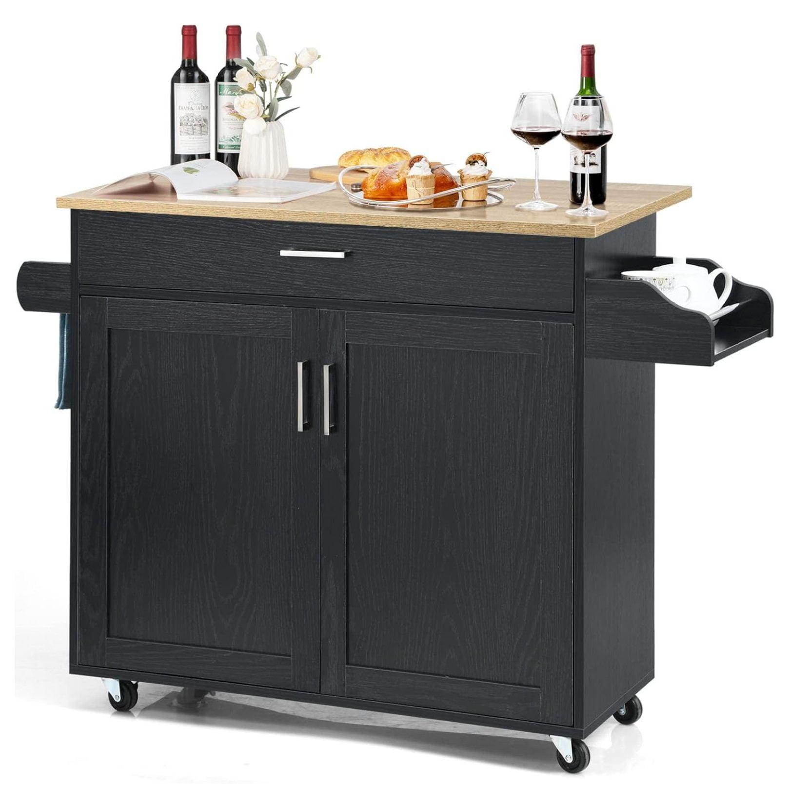 Black Fir Wood Rolling Kitchen Cart with Spice Rack and Storage