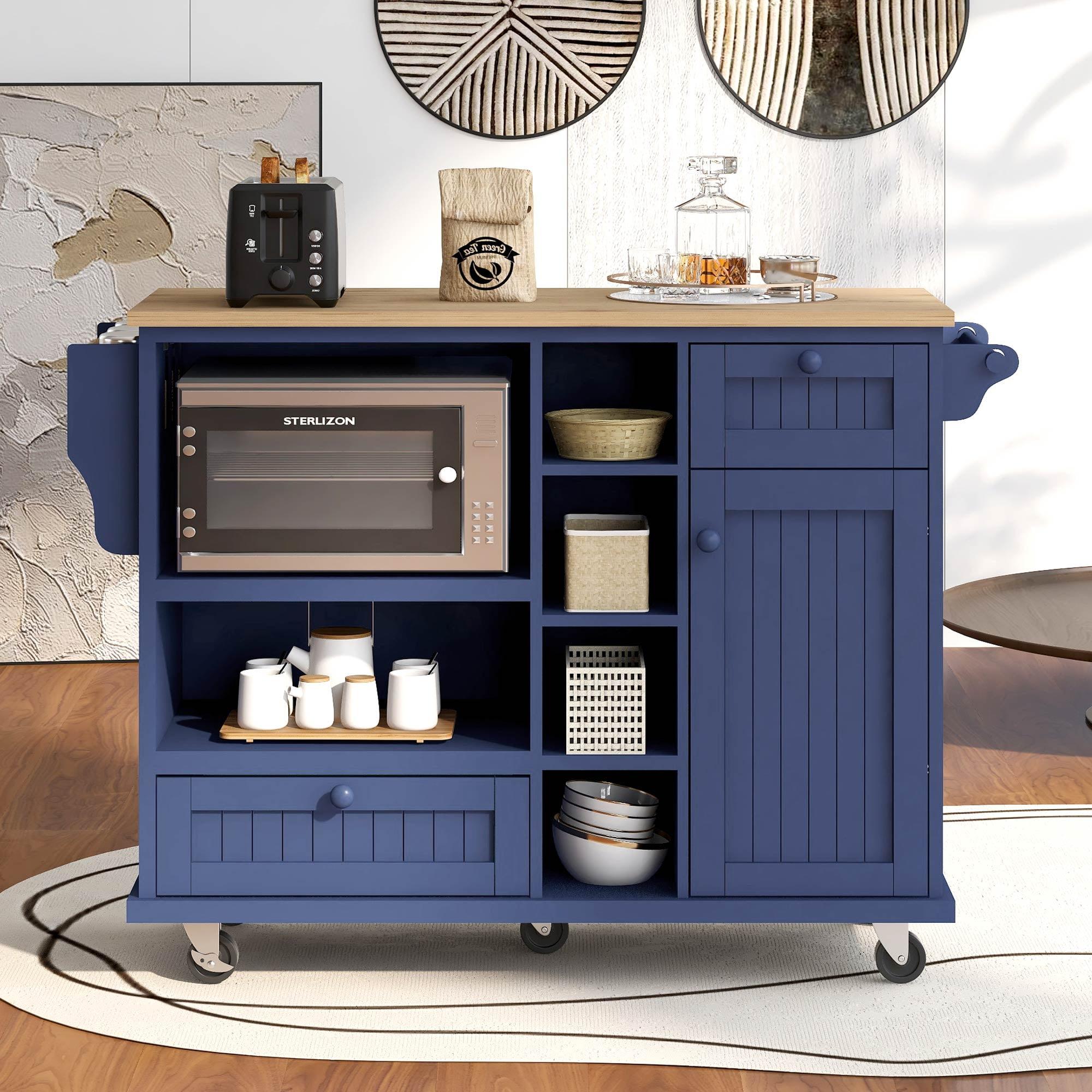 Dark Blue Wood Kitchen Cart with Spice Rack and Storage