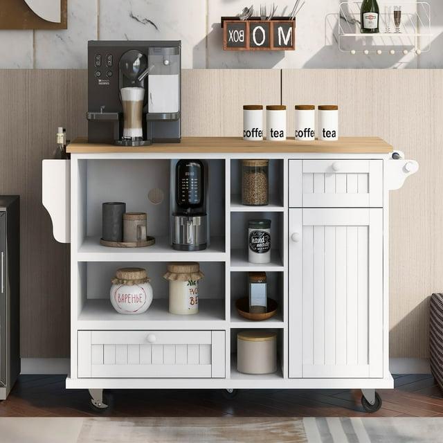 Kitchen Island Cart on Wheels,Mobile Rolling Kitchen Island with Cabinet and 2 Locking Wheels,Solid Wood Desktop,Microwave Cabinet,Floor Standing Buffet Server Sideboard for Kitchen Dining Room,White