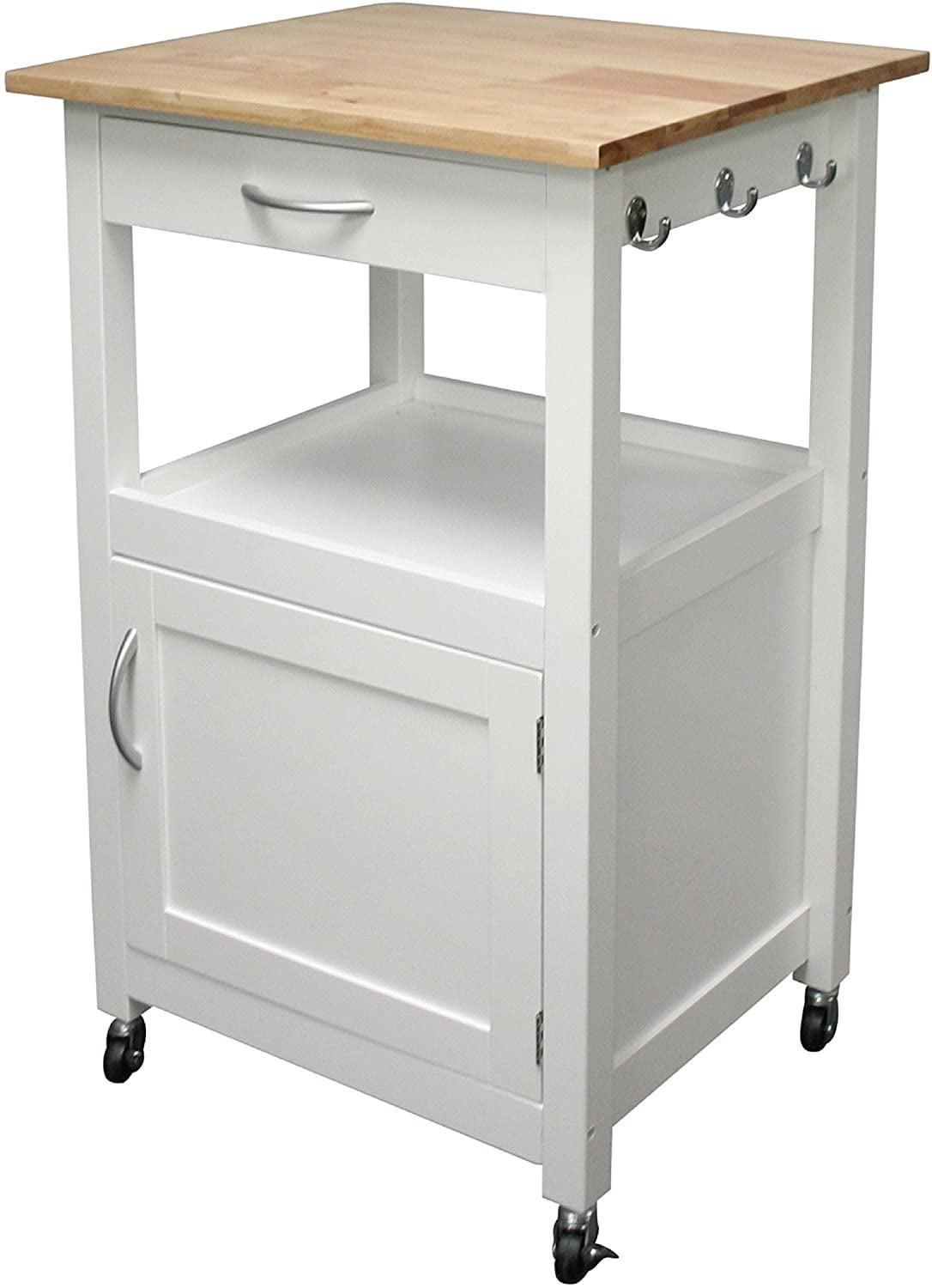 White Rectangular Wood Kitchen Cart with Natural Top and Storage