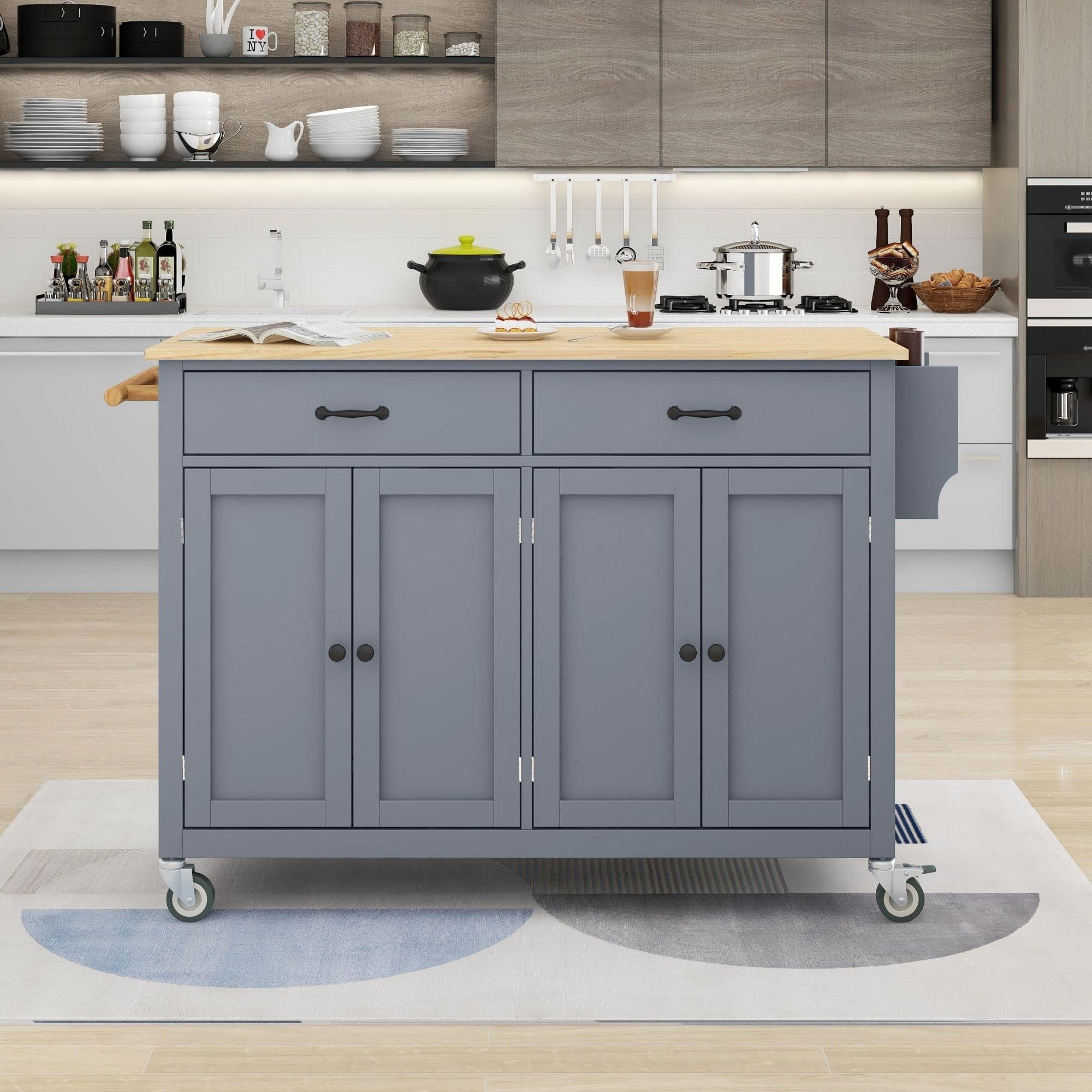 Grey Blue Solid Wood Kitchen Cart with Spice Rack and Storage