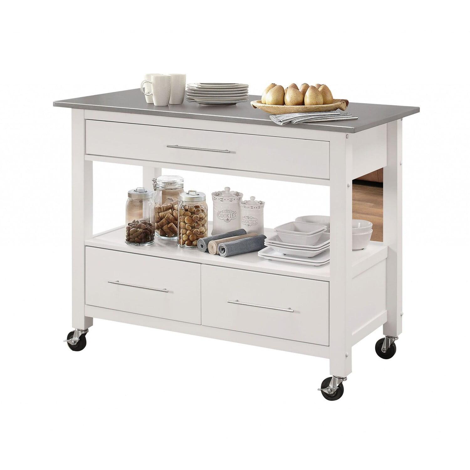 White Stainless Steel Kitchen Cart with Wine Rack and Storage