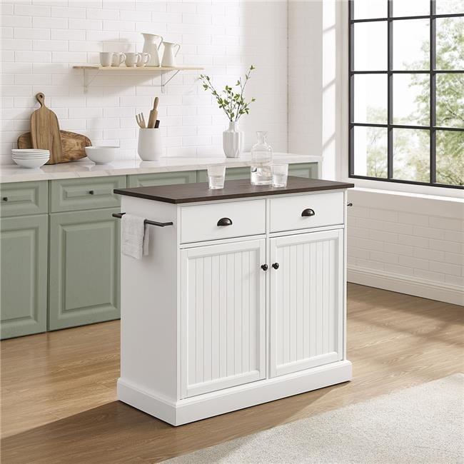 Crosley Shoreline Kitchen Island White/Dark Brown: Adjustable Shelves, Towel Bar, MDF & Veneer Storage Cart