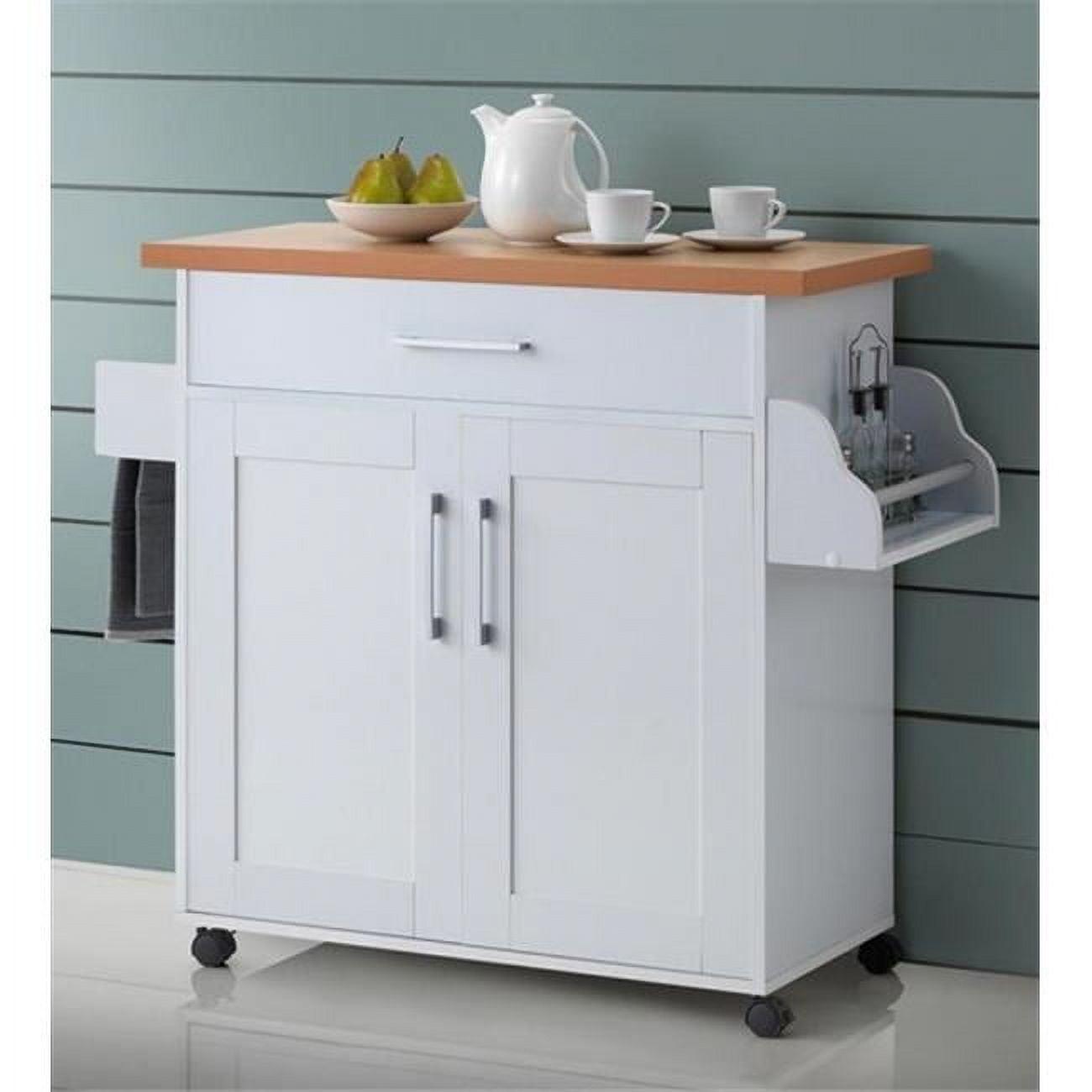 White Kitchen Island with Beech Top, Spice Rack, and Towel Rack