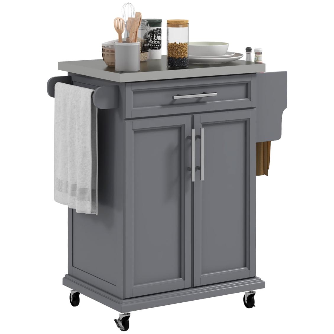 Gray Stainless Steel Kitchen Cart with Spice Rack and Storage