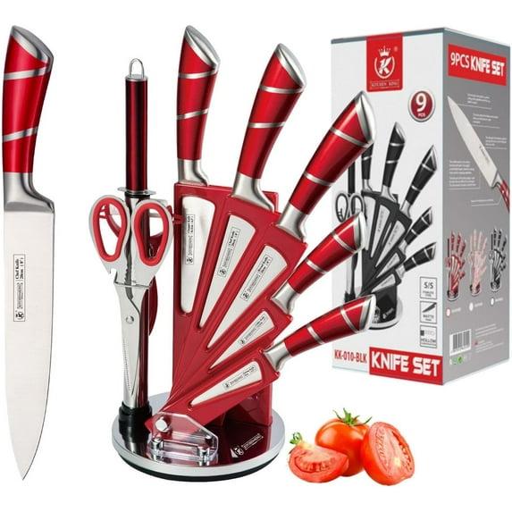 Red Stainless Steel 9-Piece Professional Kitchen Knife Set with Acrylic Holder