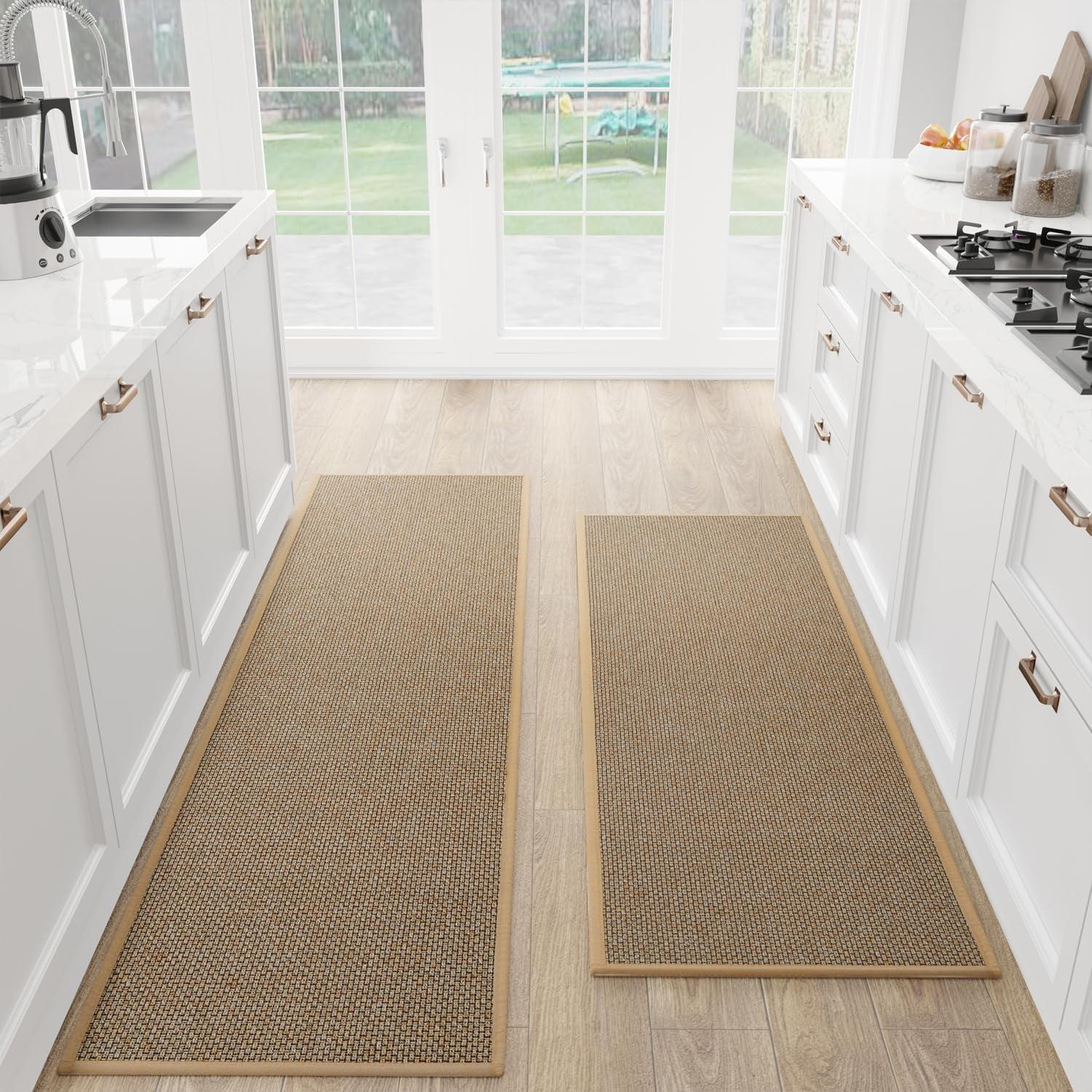 Kitchen Mat Set of 2 PCS, Cushioned Non Slip Rugs for Kitchen Floor, Absorbent Runner Comfort Standing Mats Washable for Kitchen, Office, Home (Brown, 17.3"x47"+17.3"x30")