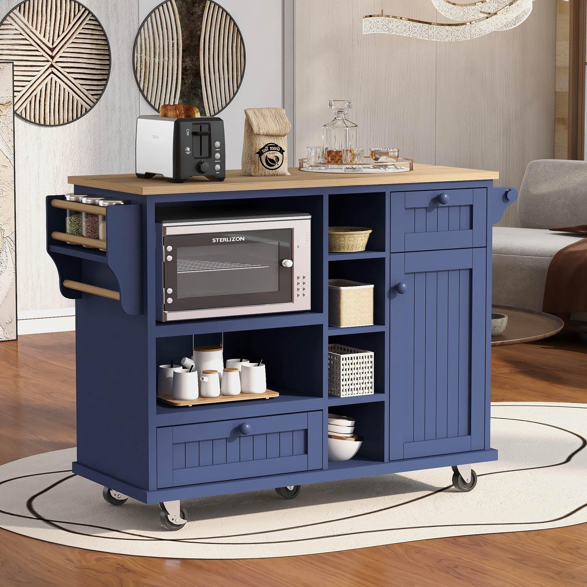 Kitchen Rolling Island Cart with Storage Cabinet and Solid wood desktop Microwave cabinet,Floor Standing Buffet Server Sideboard Dark Blue