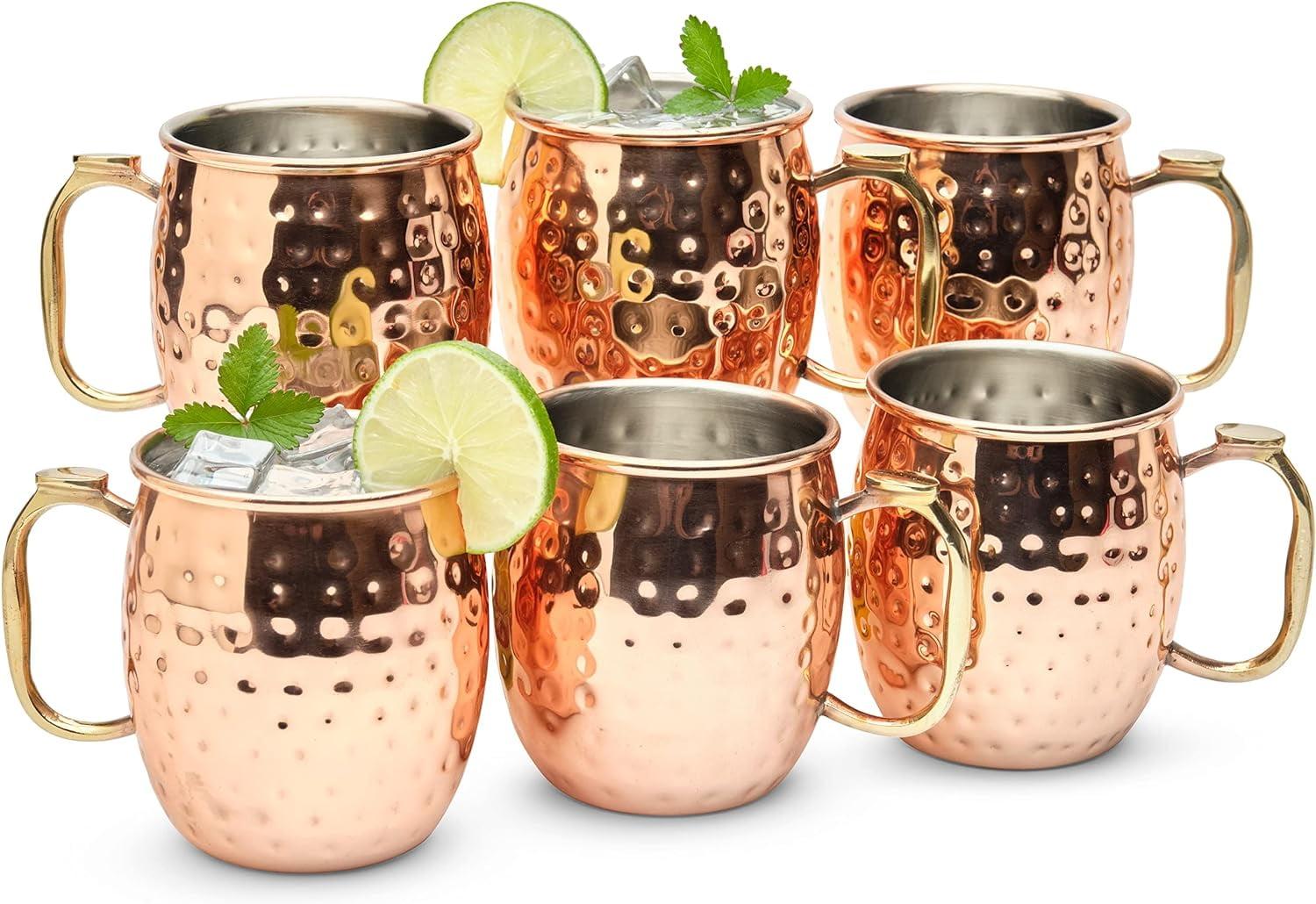 Set of 6 Hammered Copper Moscow Mule Mugs with Brass Handles