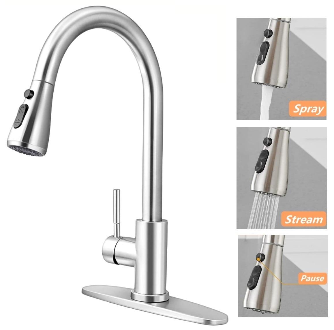 Brushed Nickel Kitchen Sink Faucet with Pull Down Sprayer Single Handle Single Hole Mixer Tap