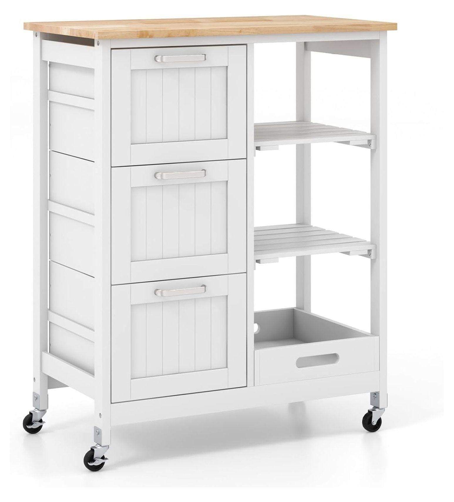 White Rubber Wood Kitchen Cart with Drawers and Shelves