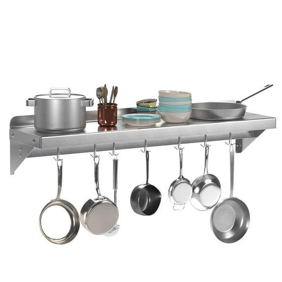 Whizmax Metal Storage Rack with Backplash for Kitchen,12" x 60" Stainless Steel Wall Mount Shelf with 5 Hooks