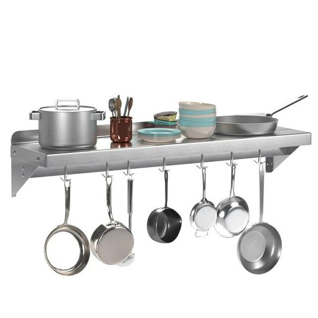 Whizmax Metal Storage Rack with Backplash for Kitchen,12" x 60" Stainless Steel Wall Mount Shelf with 5 Hooks
