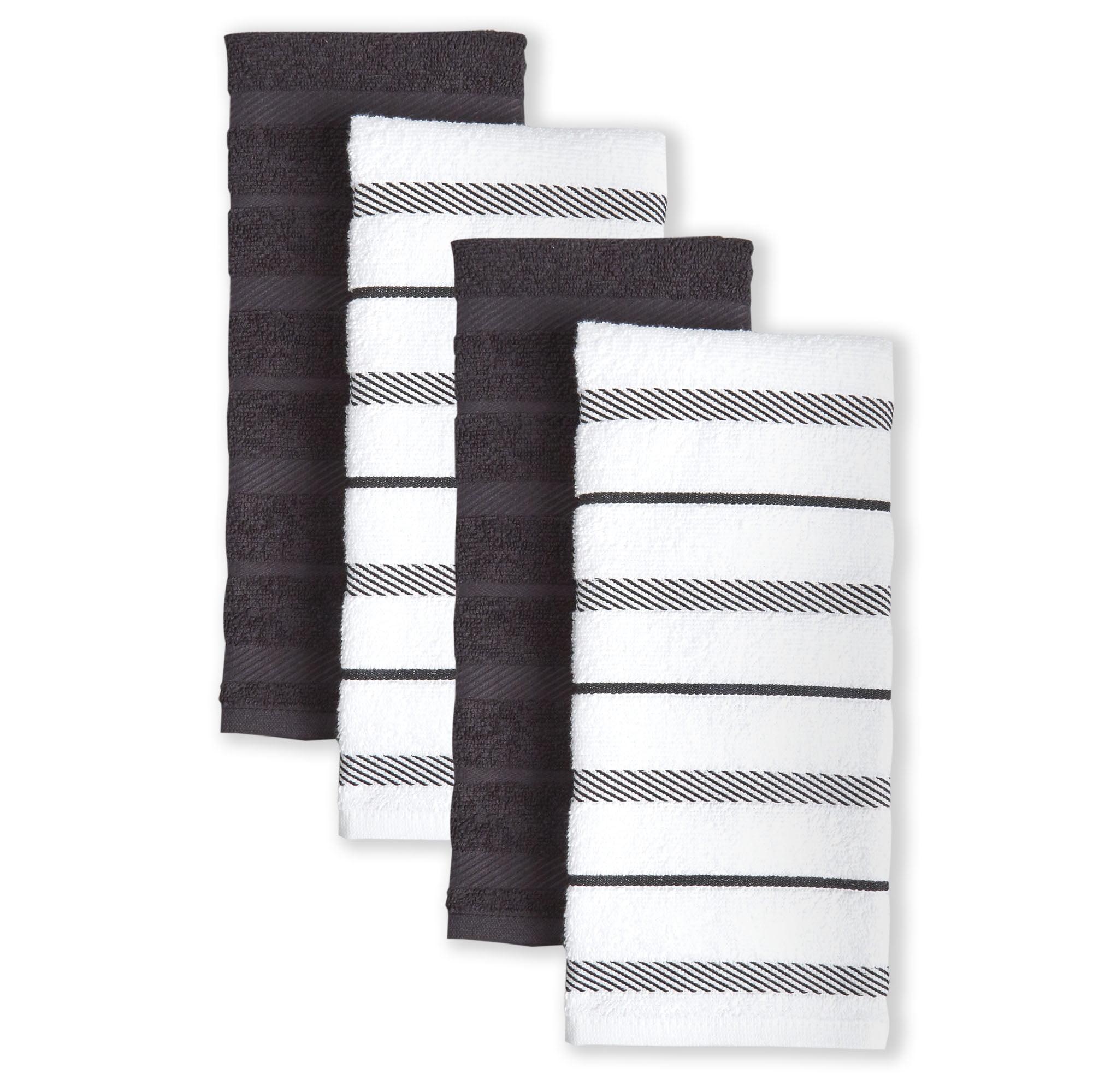 Onyx Black and White Cotton Striped Kitchen Towel Set of 4