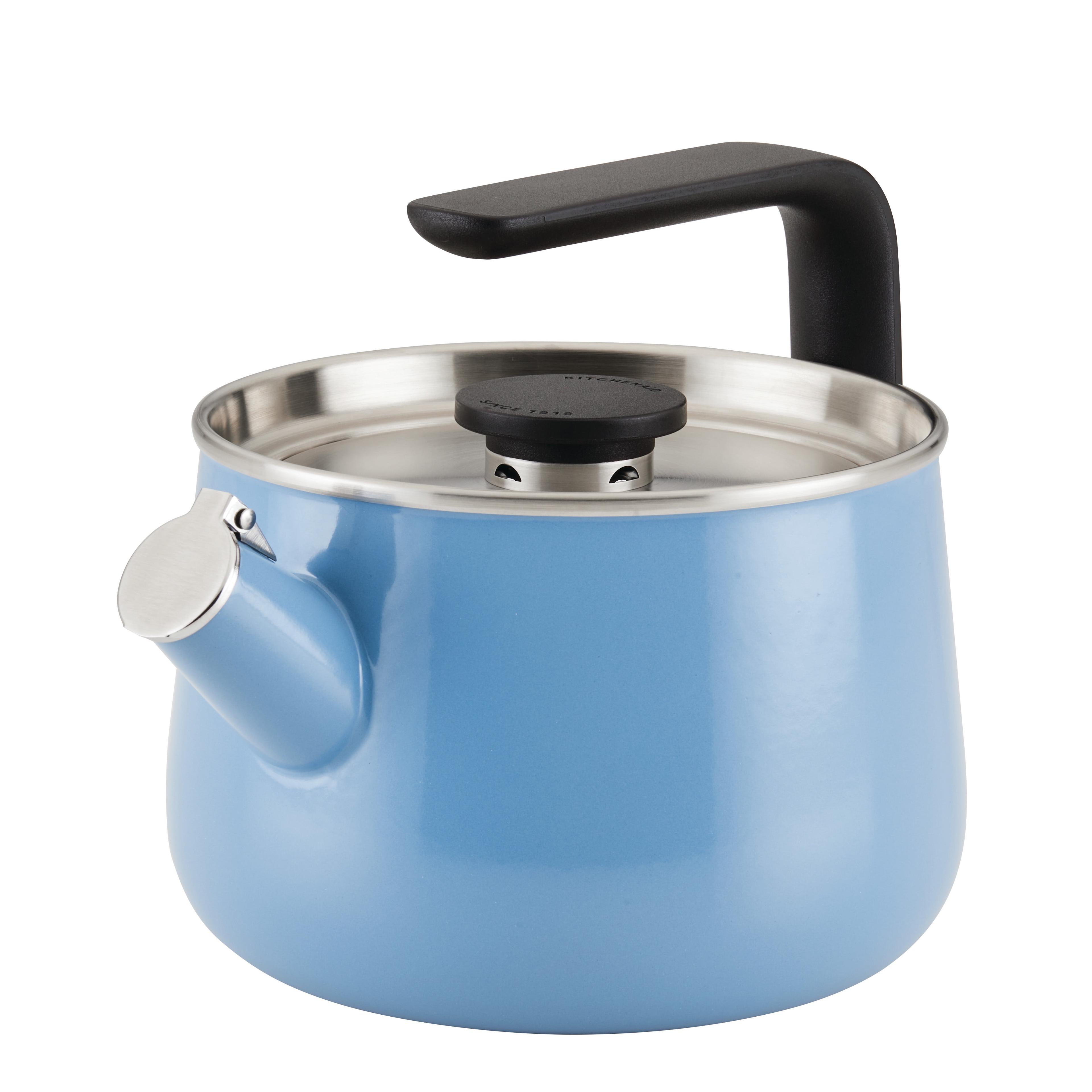 Blue Enamel Whistling Steel Teapot with Silver Finish, 2 Quart