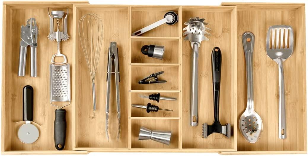 Expandable Bamboo Kitchen Drawer Organizer with 9 Compartments