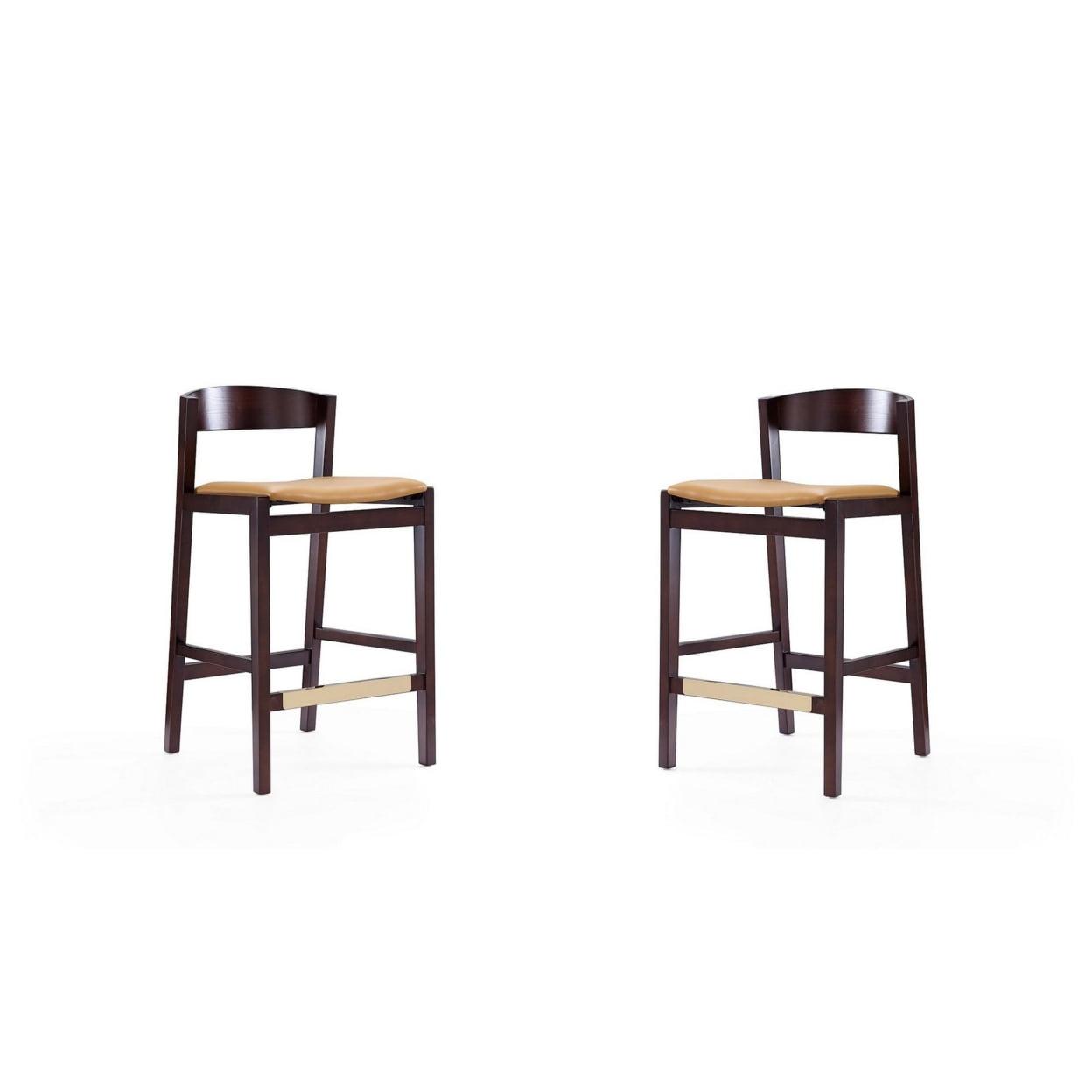 Mid-Century Modern Camel Faux Leather Beech Wood Counter Stool, Set of 2