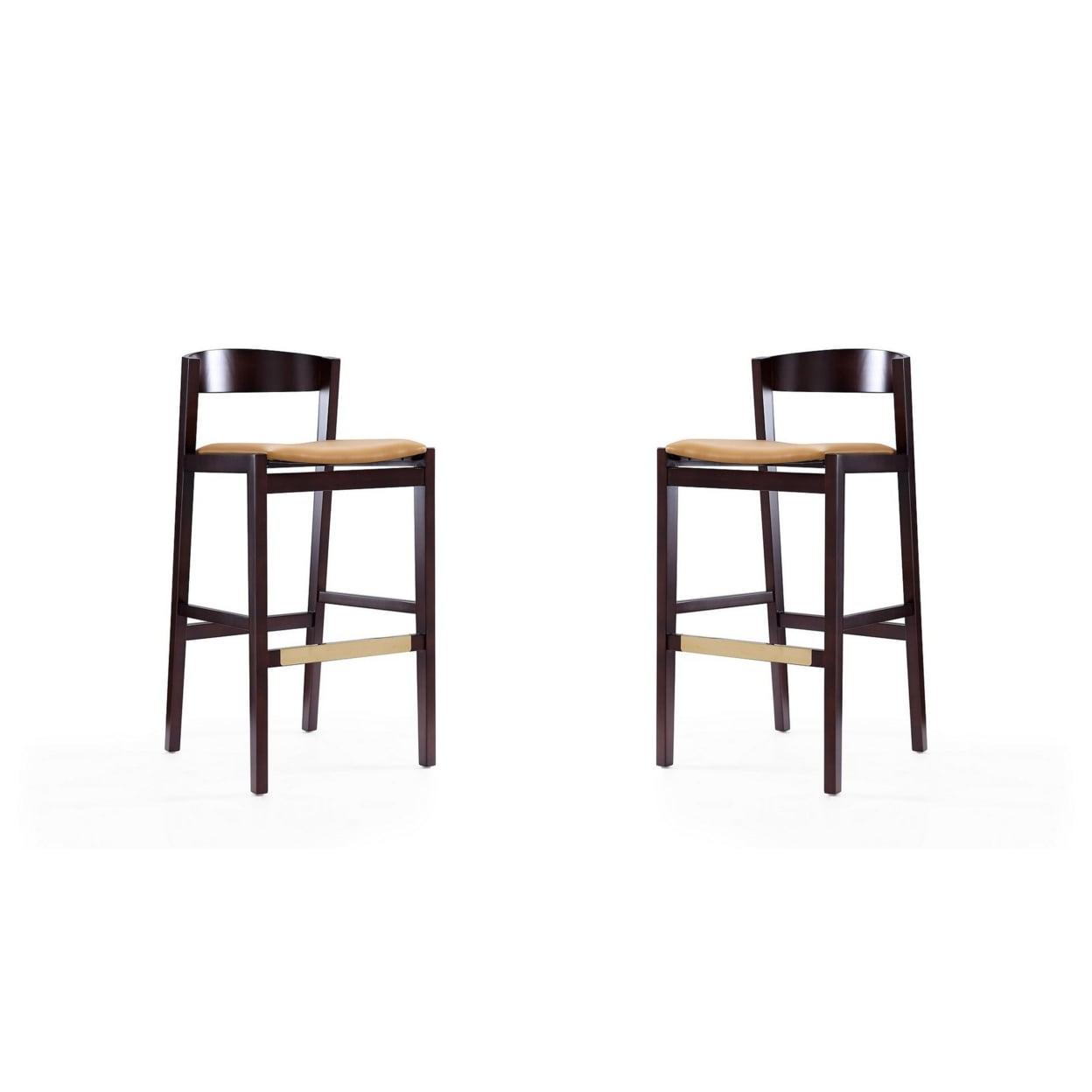 Camel Faux Leather and Dark Walnut Beech Wood Barstools, Set of 2