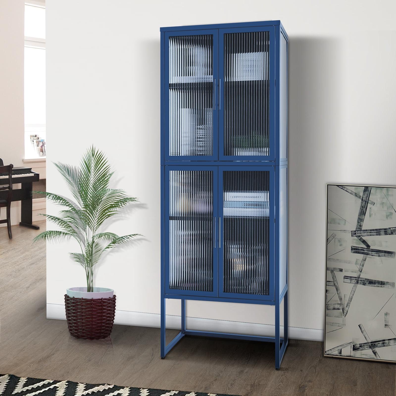 4-Door Tempered Glass Cabinet with 4 Glass Doors Adjustable Shelves U-Shaped Leg Anti-TipBlue