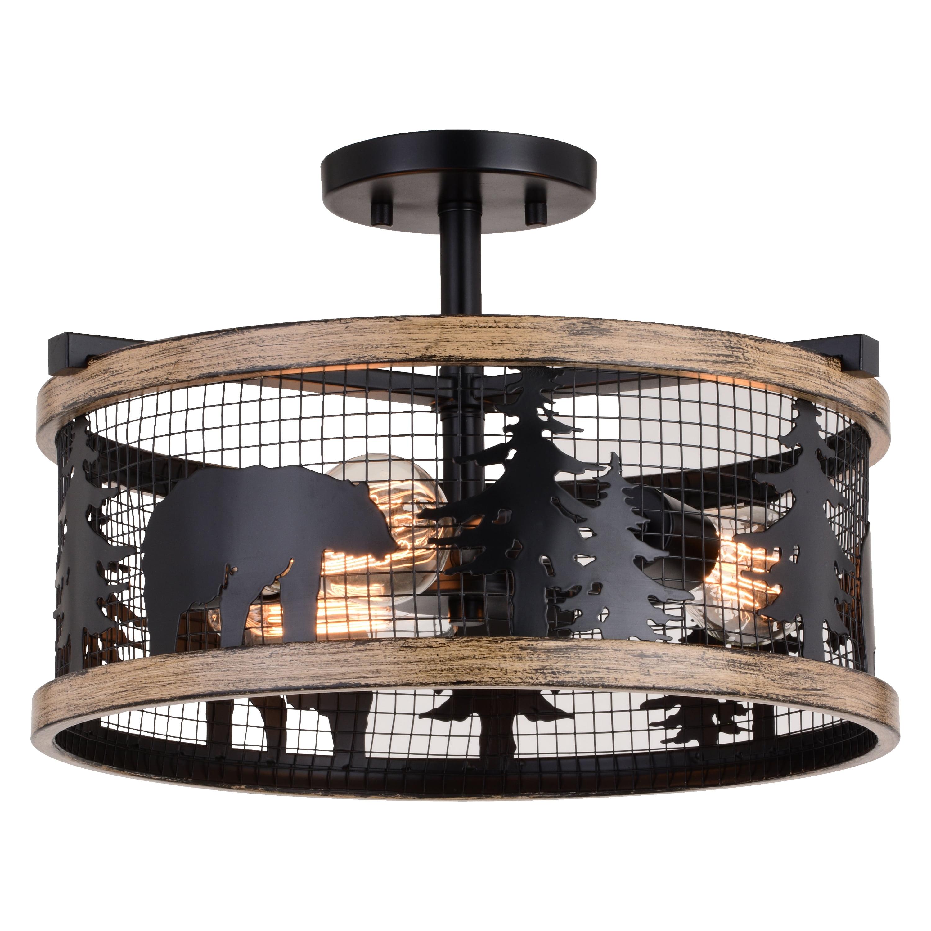 Kodiak 16-in W Black and Teak Rustic Semi Flush Mount Ceiling Light Bear and Tree Motif