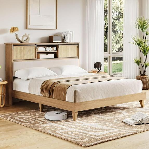 Garvee Rattan Full Size Bed Frame with Sliding Door Shelf Headboard, Bohemian Rattan Bed Frame with Shelves, Wood Foundation, No Box Spring Needed