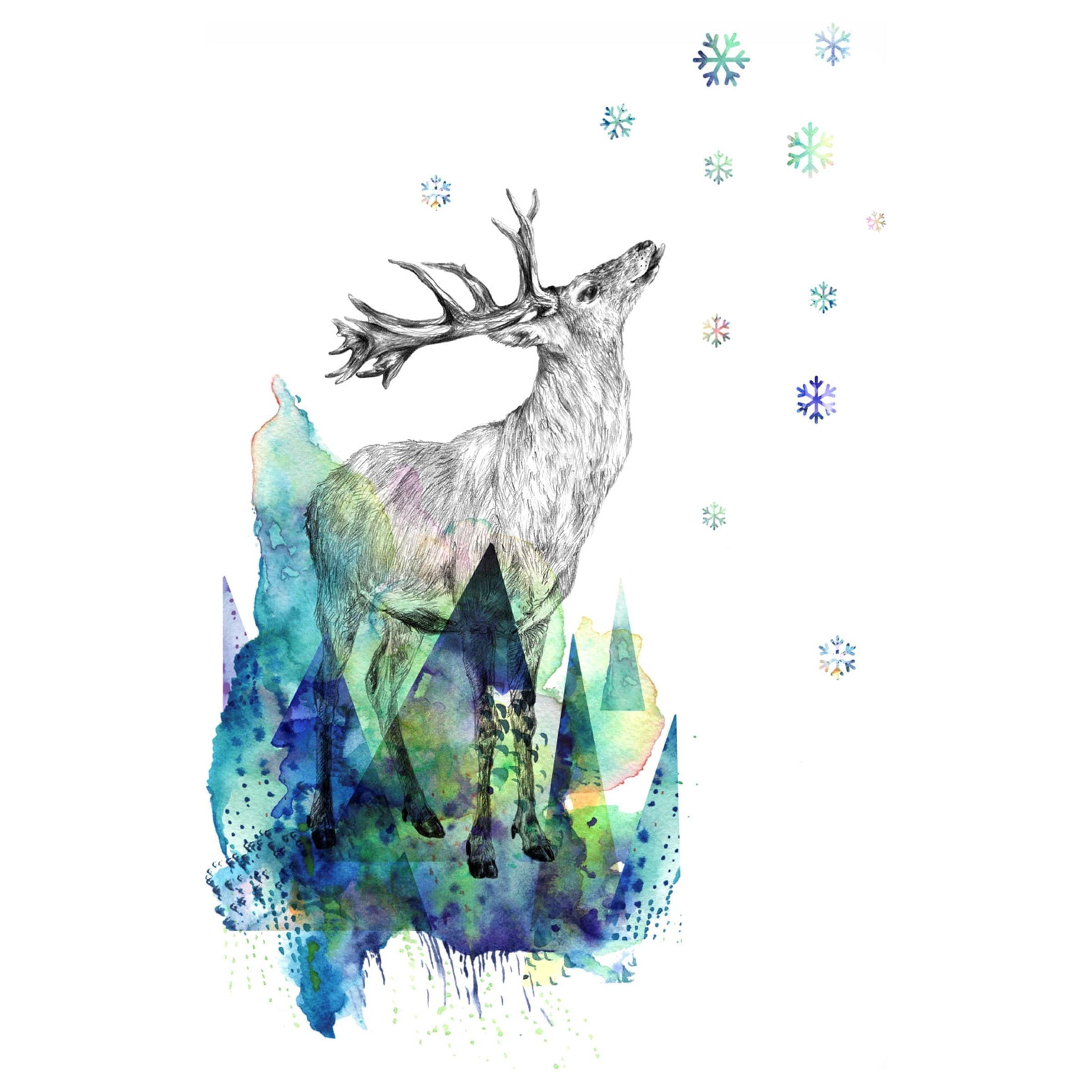 Winter Forest Deer Canvas Art Print in Blue and Green