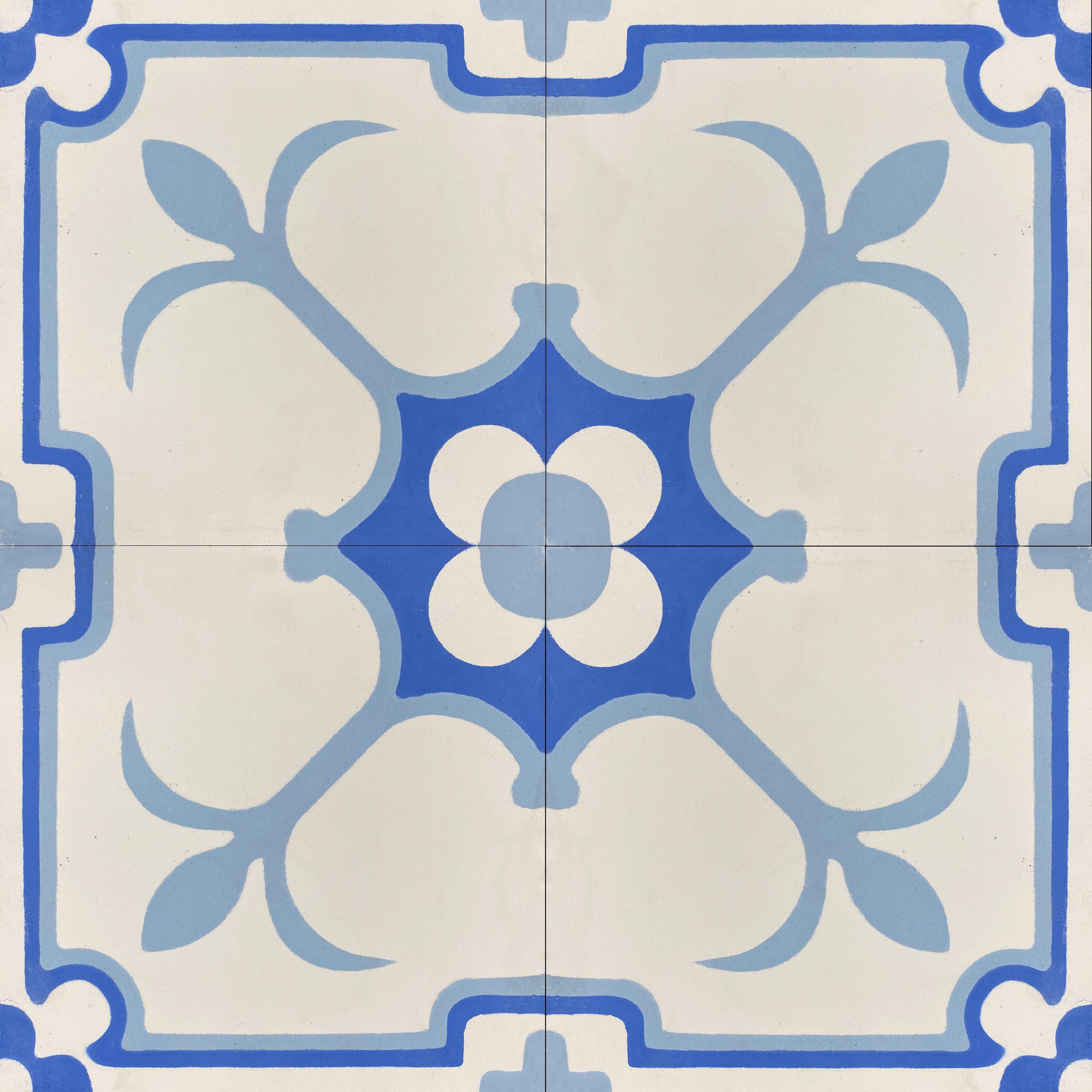 Handmade Blue and White Patterned Cement Tile, 8x8