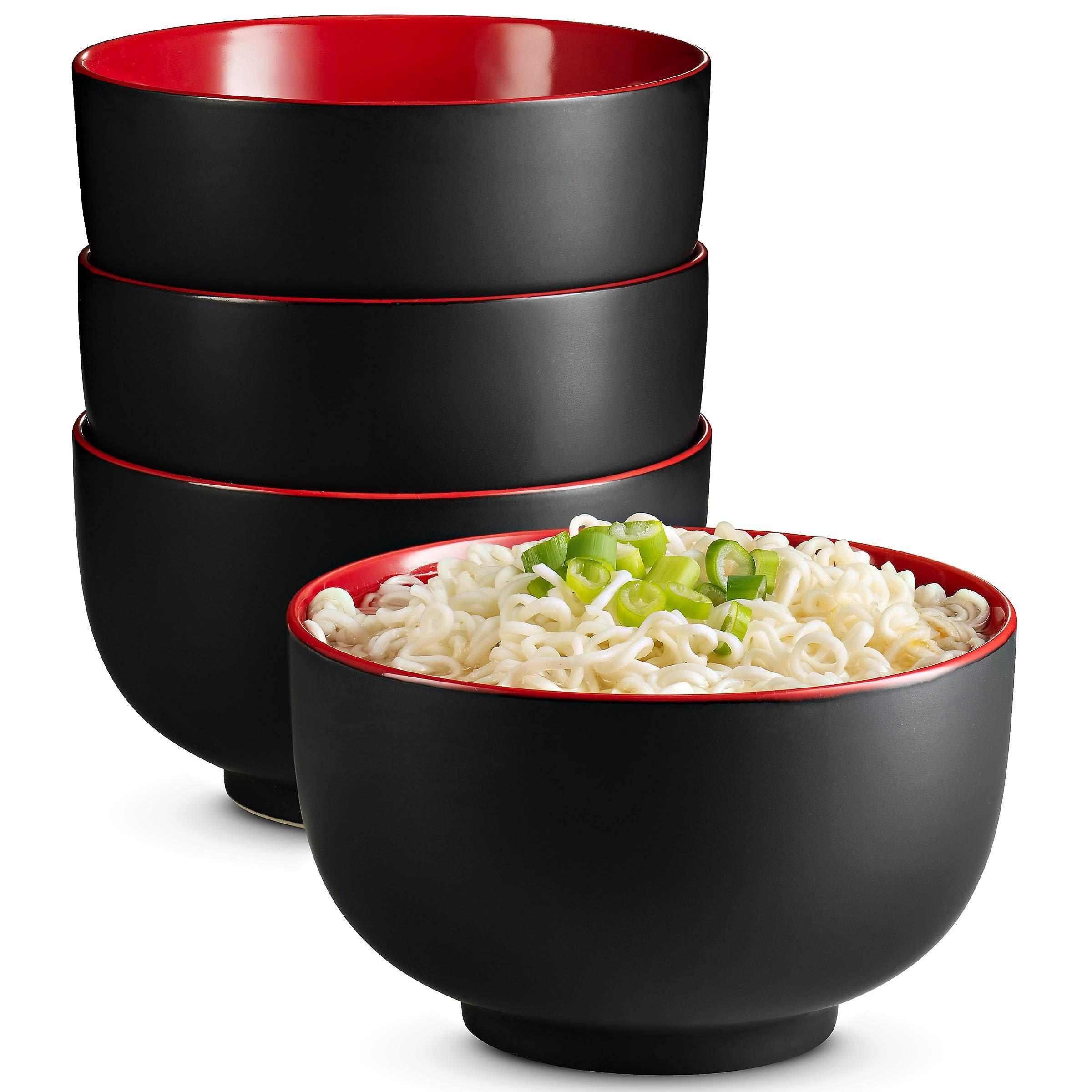 Kook 34 Oz Black & Red Deep Ceramic Ramen Bowl Set of 4