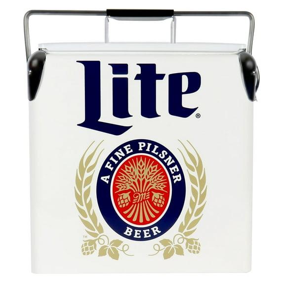 Miller Lite Retro Ice Chest Cooler with Bottle Opener 13L (14 qt), White and Blue
