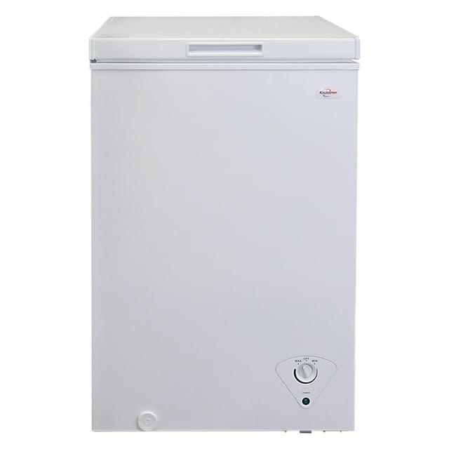 Koolatron 3.5 cu ft Compact Chest Freezer 99L White Manual Defrost Deep Freeze Storage Basket Space-Saving Flat Back