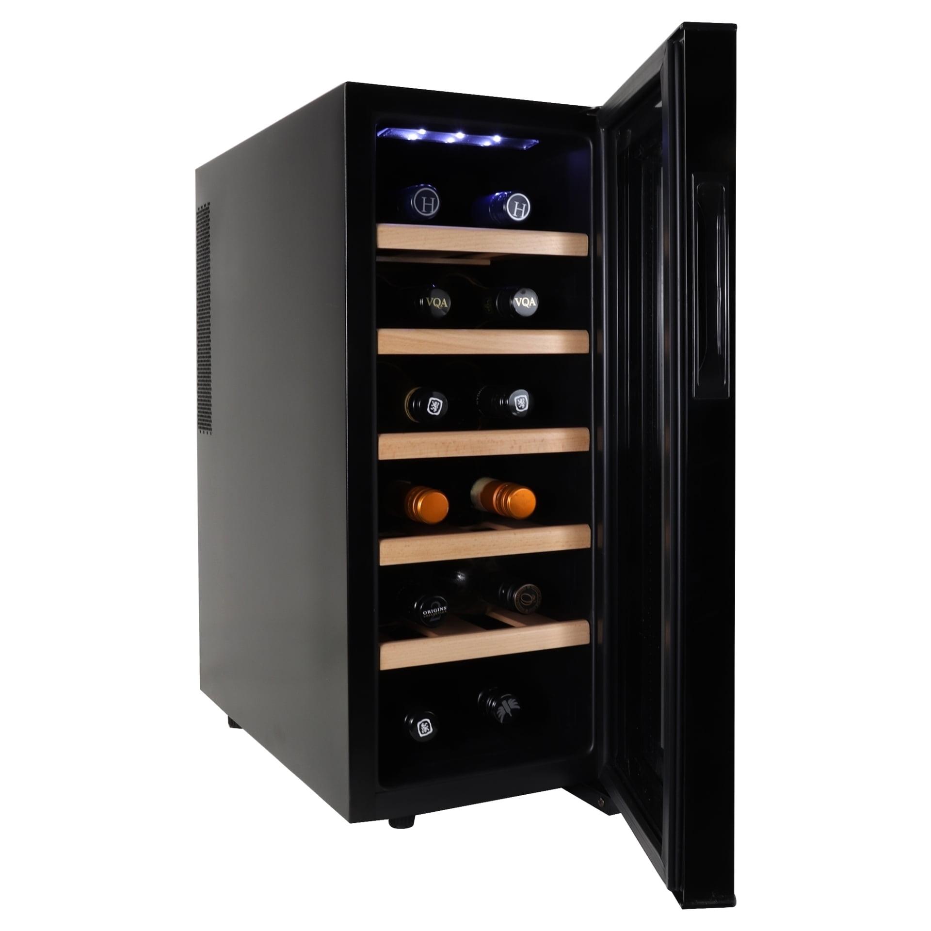 Koolatron Wine Cooler Refrigerator 12 Bottle Deluxe Countertop Compact Wine Cellar, Small Freestanding: Black Glass Door, Thermoelectric, 6 Shelves