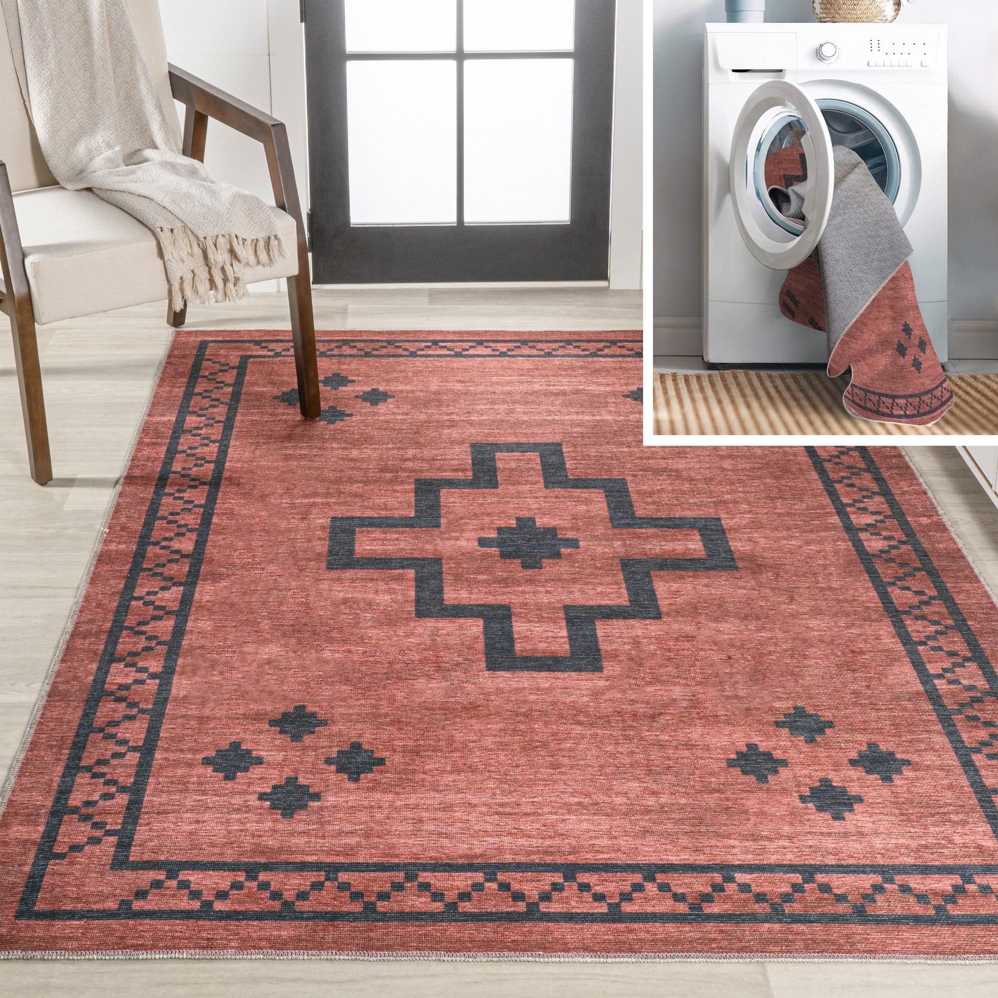 Korsa Red and Dark Gray Geometric 9' x 12' Washable Area Rug