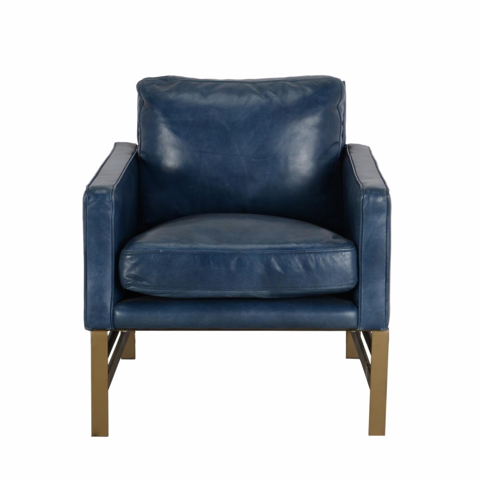 Transitional Blue Leather Club Accent Chair with Brass Metal Frame