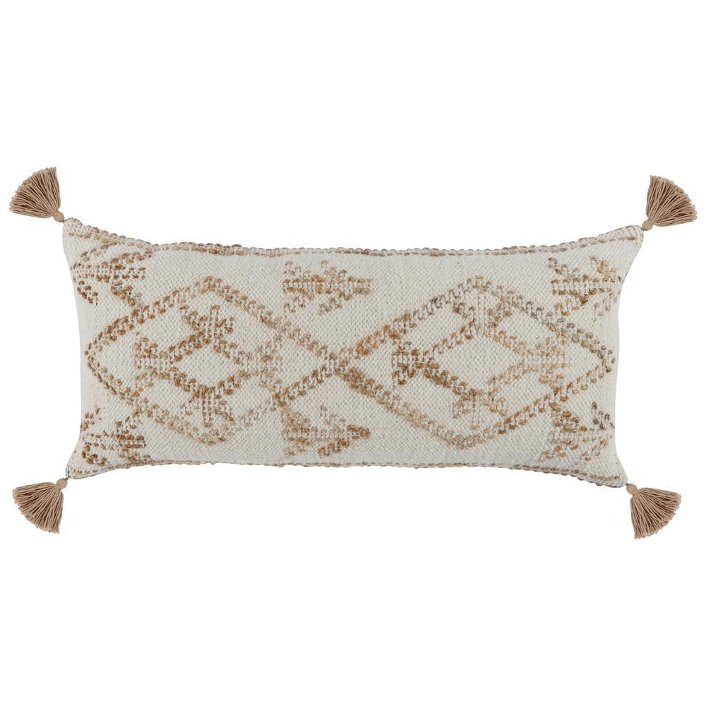 Eco-Chic Ivory & Natural Wool-Jute Blend Lumbar Pillow with Tassels