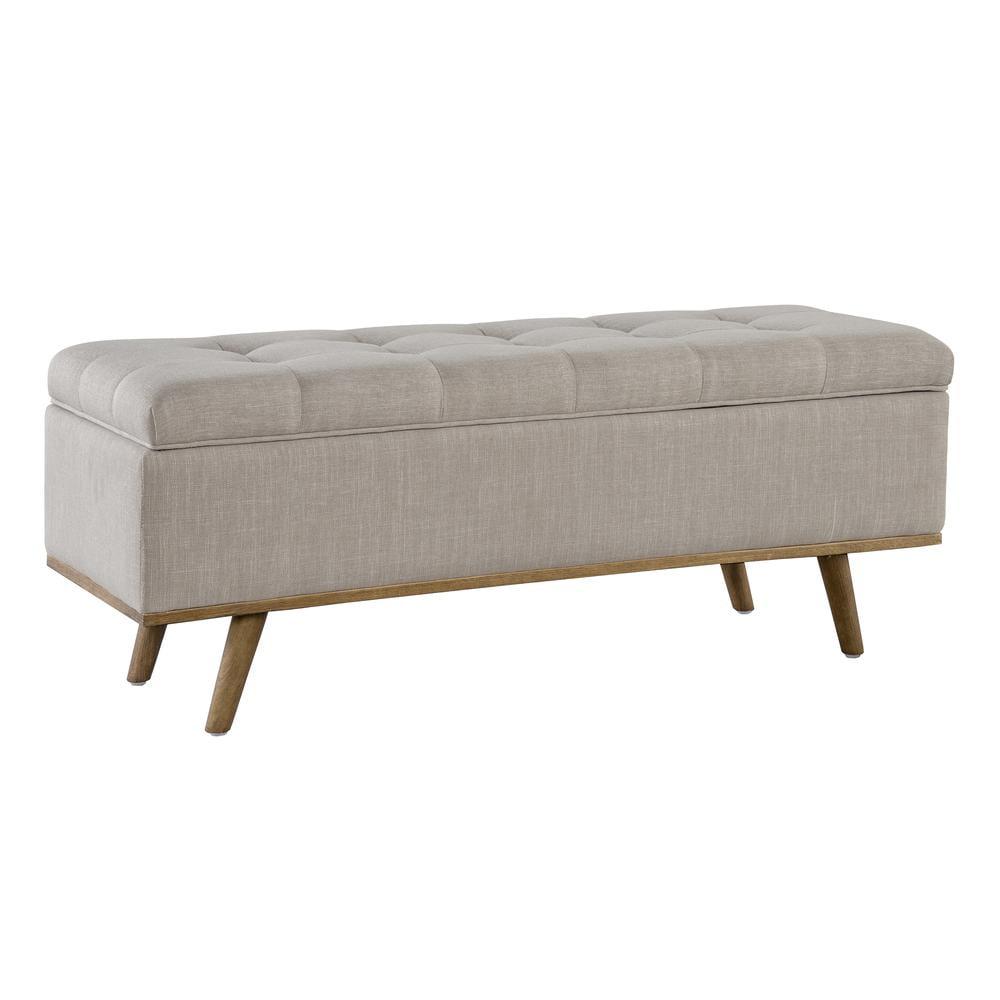 French Beige Upholstered Storage Bench with Wooden Legs