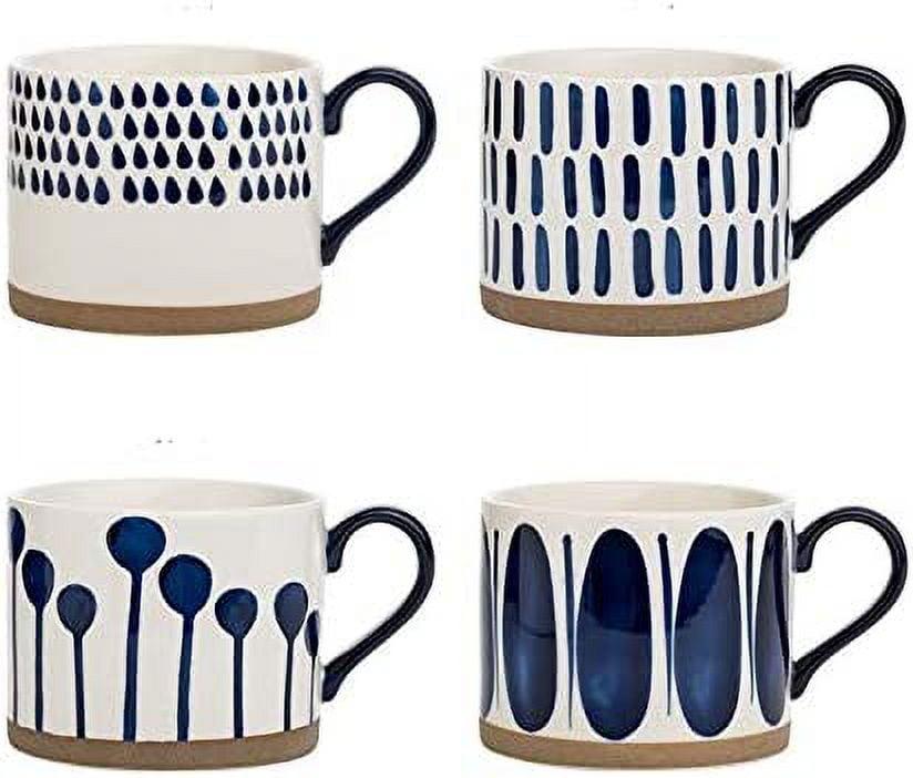 Hand Painted Blue and White Ceramic Mug Set, 15 oz, Service for 4