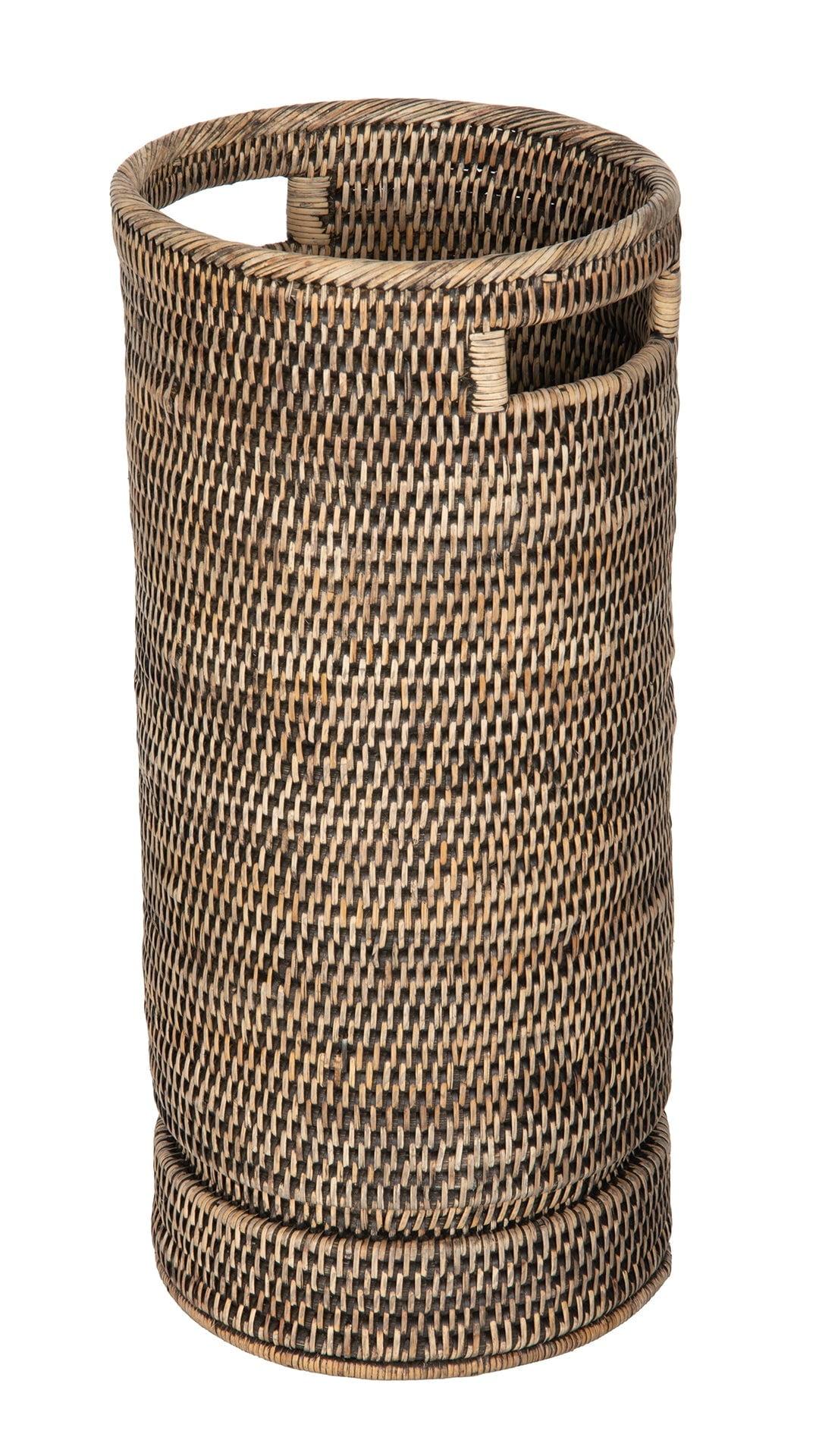 Kouboo La Jolla Rattan Round Handmade Umbrella Holder Freestanding Cane Stand Decorative, Catch, Stand For Entryway, Black Wash