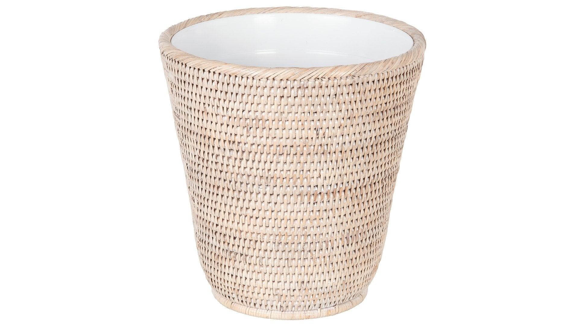 White Wash Rattan Wastebasket with Plastic Insert